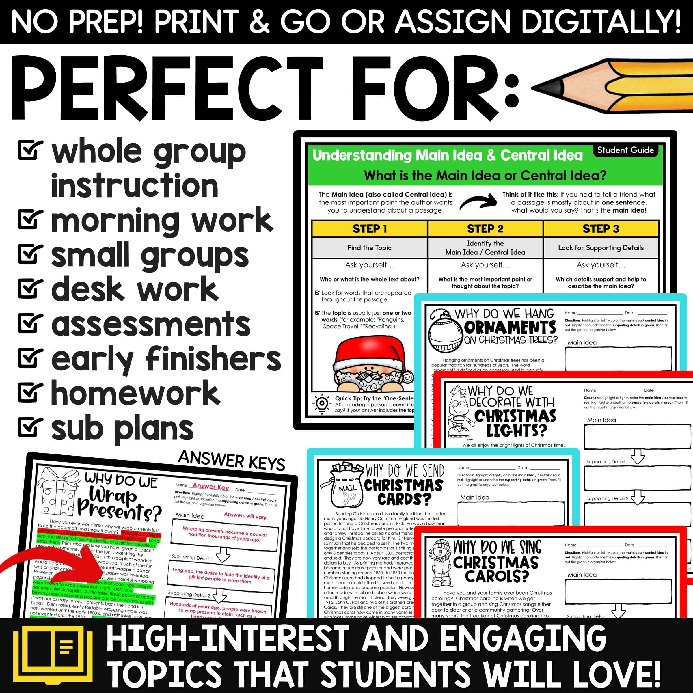 Christmas Activities Main Idea &amp;amp; Supporting Details Reading within Main Idea Christmas Worksheets