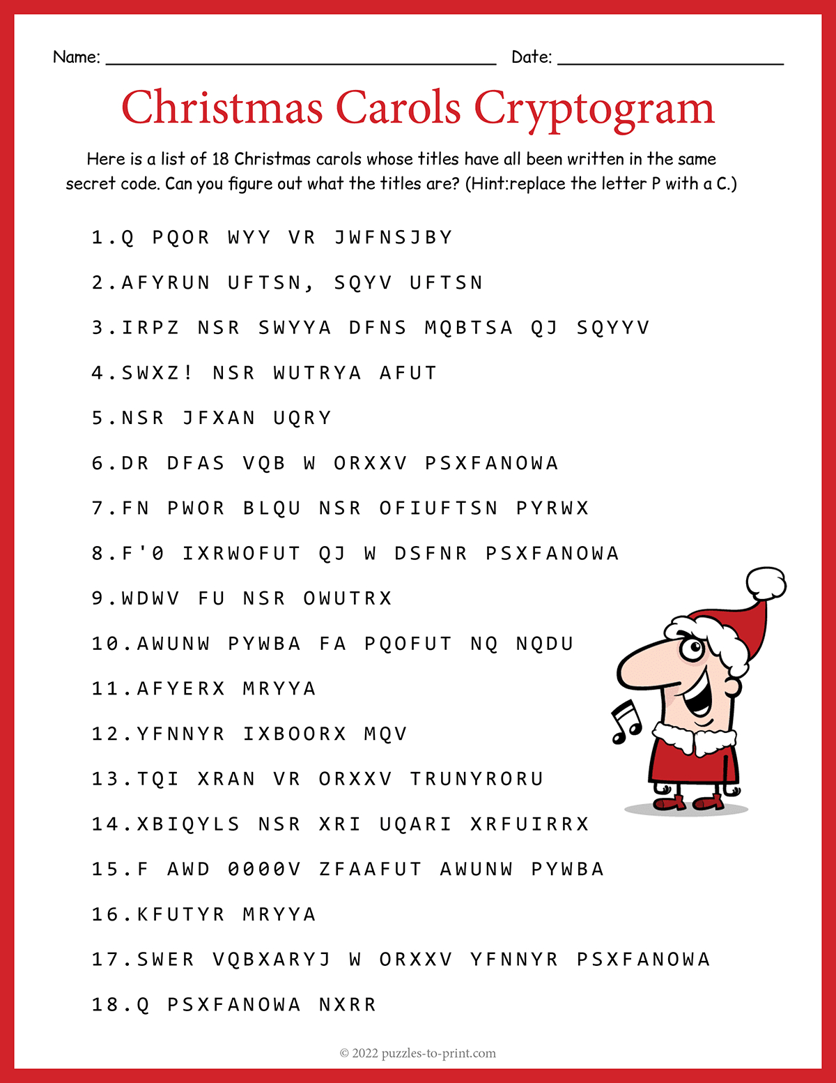 Christmas Carols Cryptogram within Christmas Carols Worksheets Picture Answers