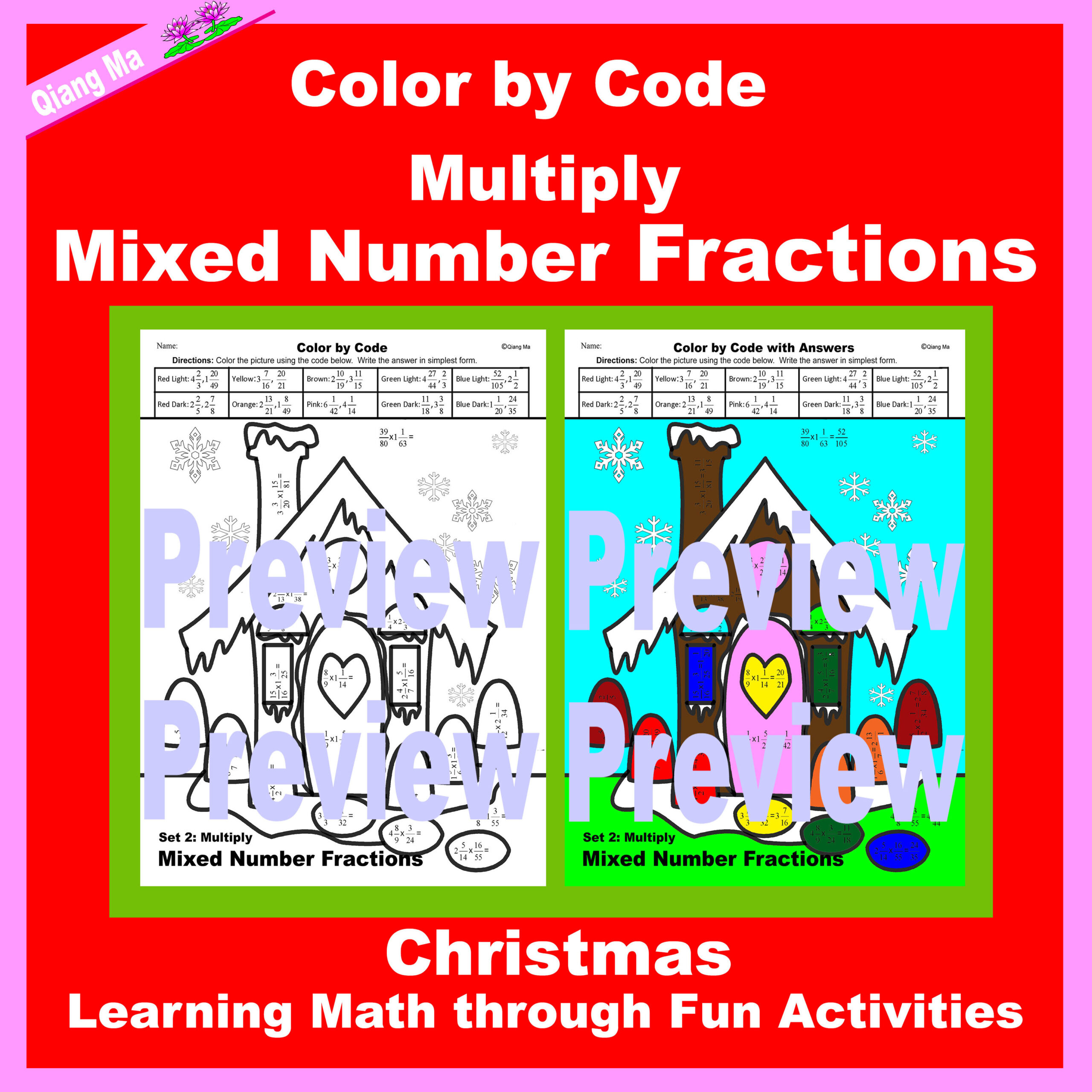 Christmas Colorcode: Multiply Mixed Number Fractions | Made with Multiplying Fractions Christmas Worksheets