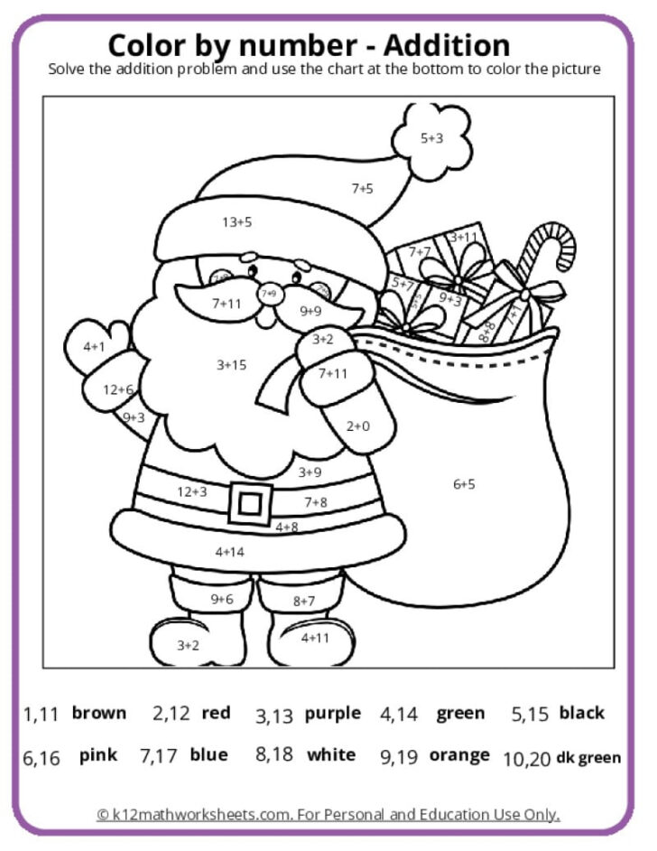 Free Color by Number Addition Christmas Worksheets Free Color by Number Addition Christmas Worksheets