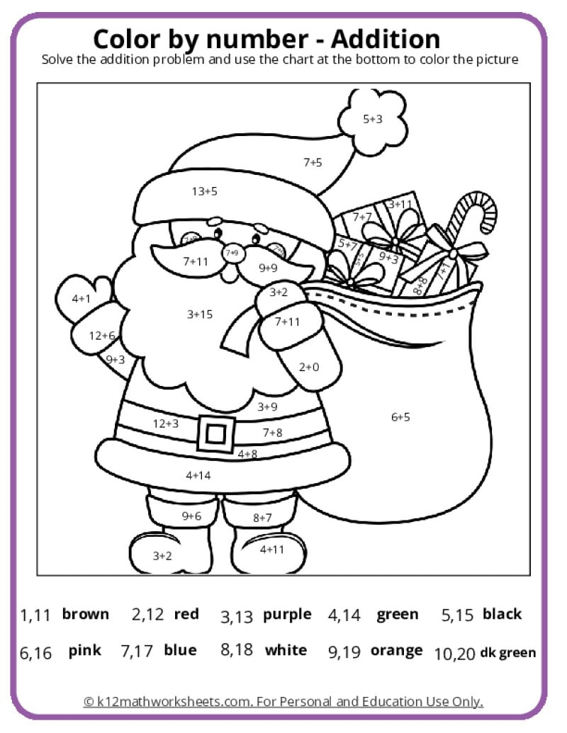 Christmas Colornumber Pages within Free Color By Number Addition Christmas Worksheets
