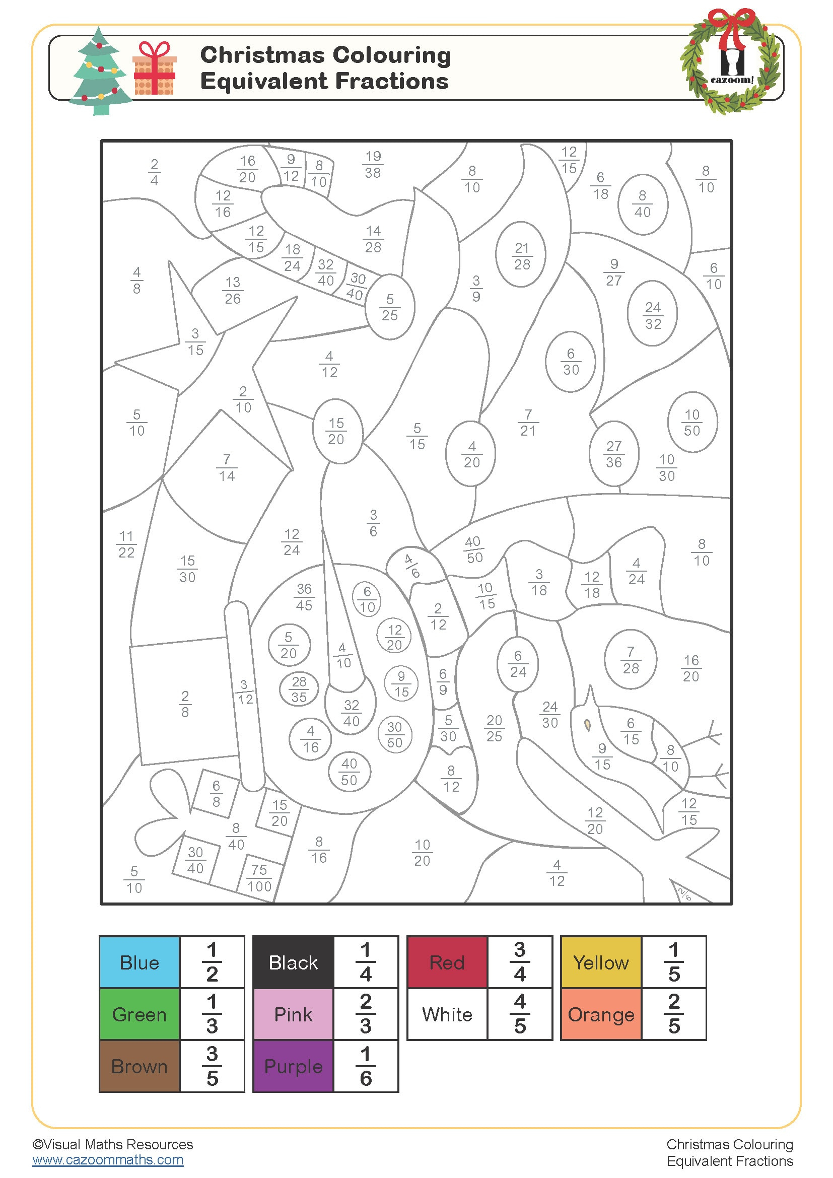 Christmas Colouring - Equivalent Fractions Worksheet | Cazoom regarding Christmas Colour by Numbers Maths Worksheets
