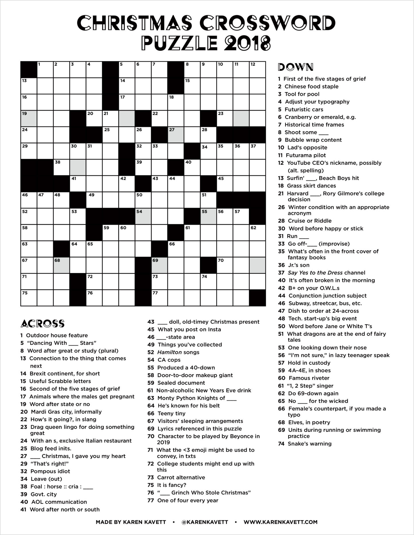 Christmas Crossword Puzzle 2018 - Karen Kavett pertaining to Christmas Crossword Puzzle Worksheets Answer Key