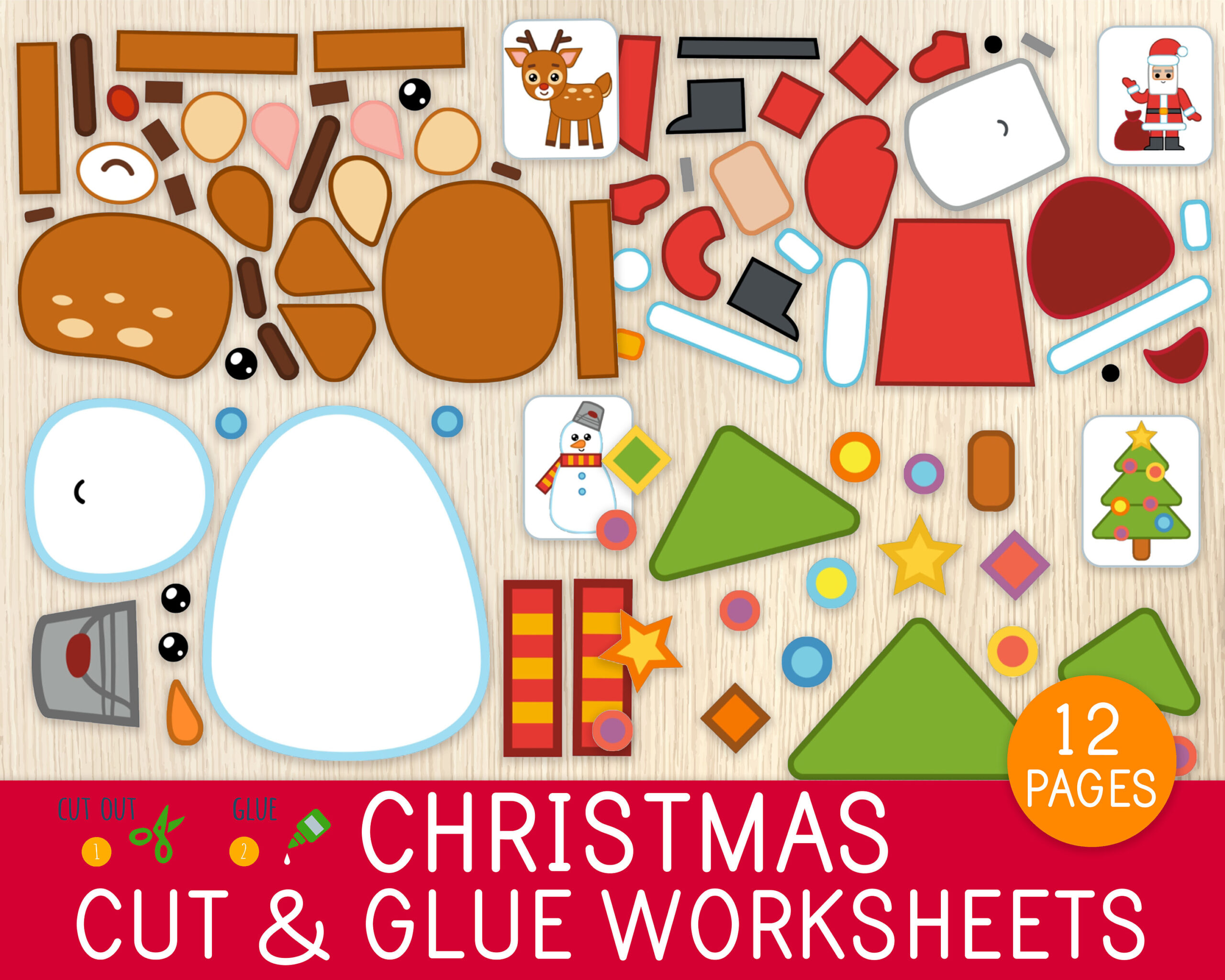 Christmas Cut &amp;amp; Glue Worksheets, 12 Activity Pages, Cut And Paste for Christmas Cut And Glue Worksheets