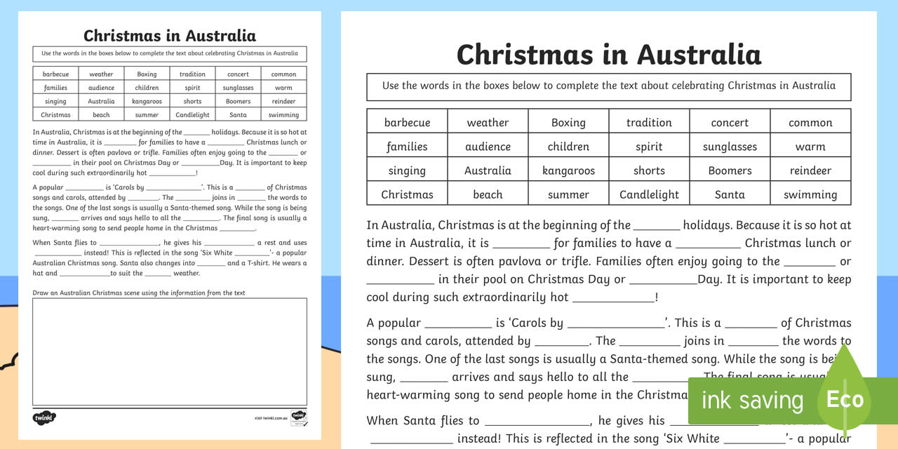 Christmas In Australia Cloze Worksheet in Christmas Cloze Worksheets Answers