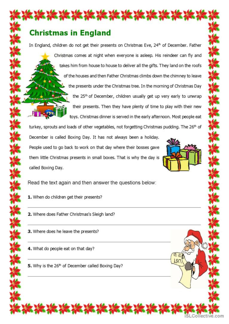 Christmas In England Reading For Det…: English Esl Worksheets Pdf for Christmas In Britain Worksheets