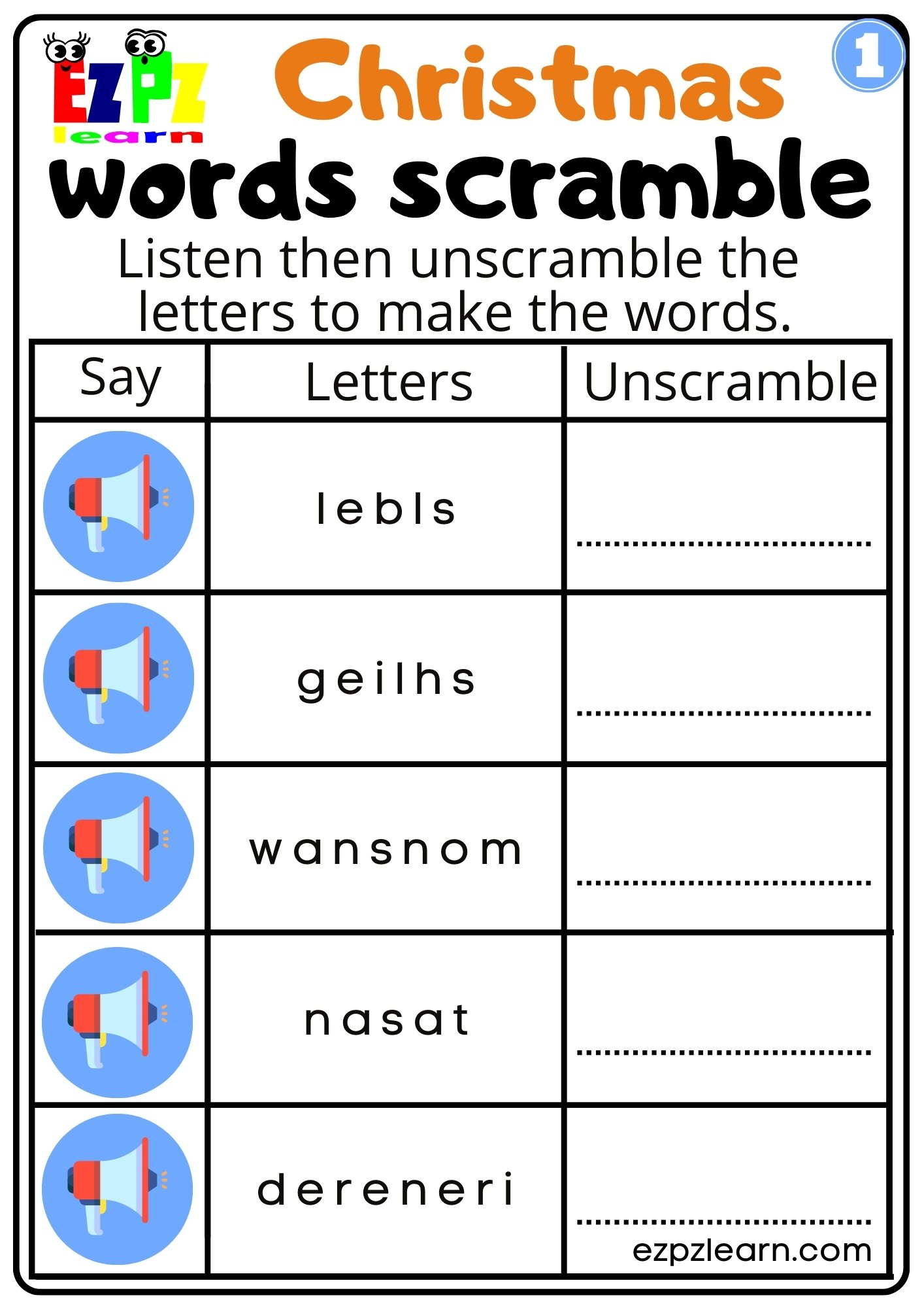 Christmas Interactive Worksheet Listen, Unscramble And Write The within Unscramble Christmas Words Worksheets