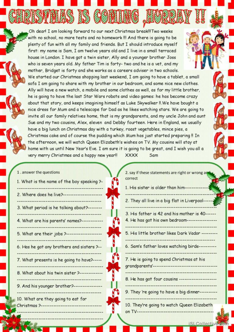 Christmas Is Coming : Christmas Re…: English Esl Worksheets Pdf &amp;amp; Doc pertaining to Christmas Day Reading Comprehension Worksheets