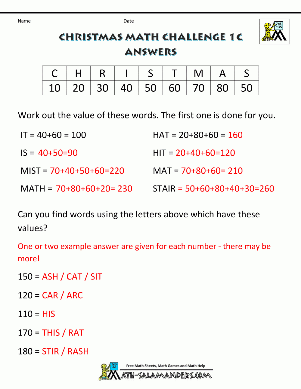 Christmas Math Worksheets (Harder) with Christmas Values Worksheets Answers