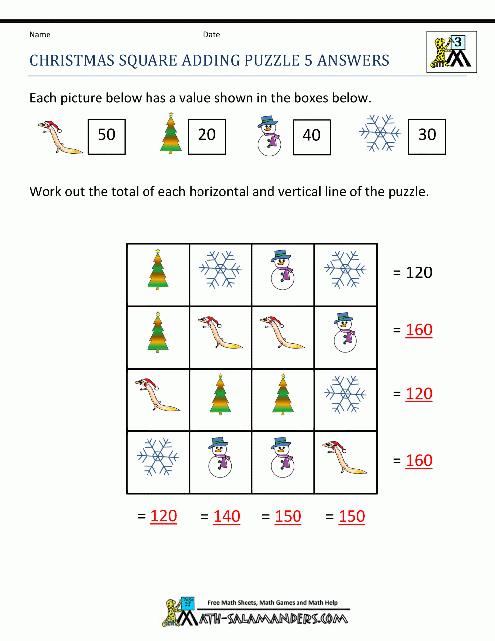 Christmas Math Worksheets with Christmas Values Worksheets Answers