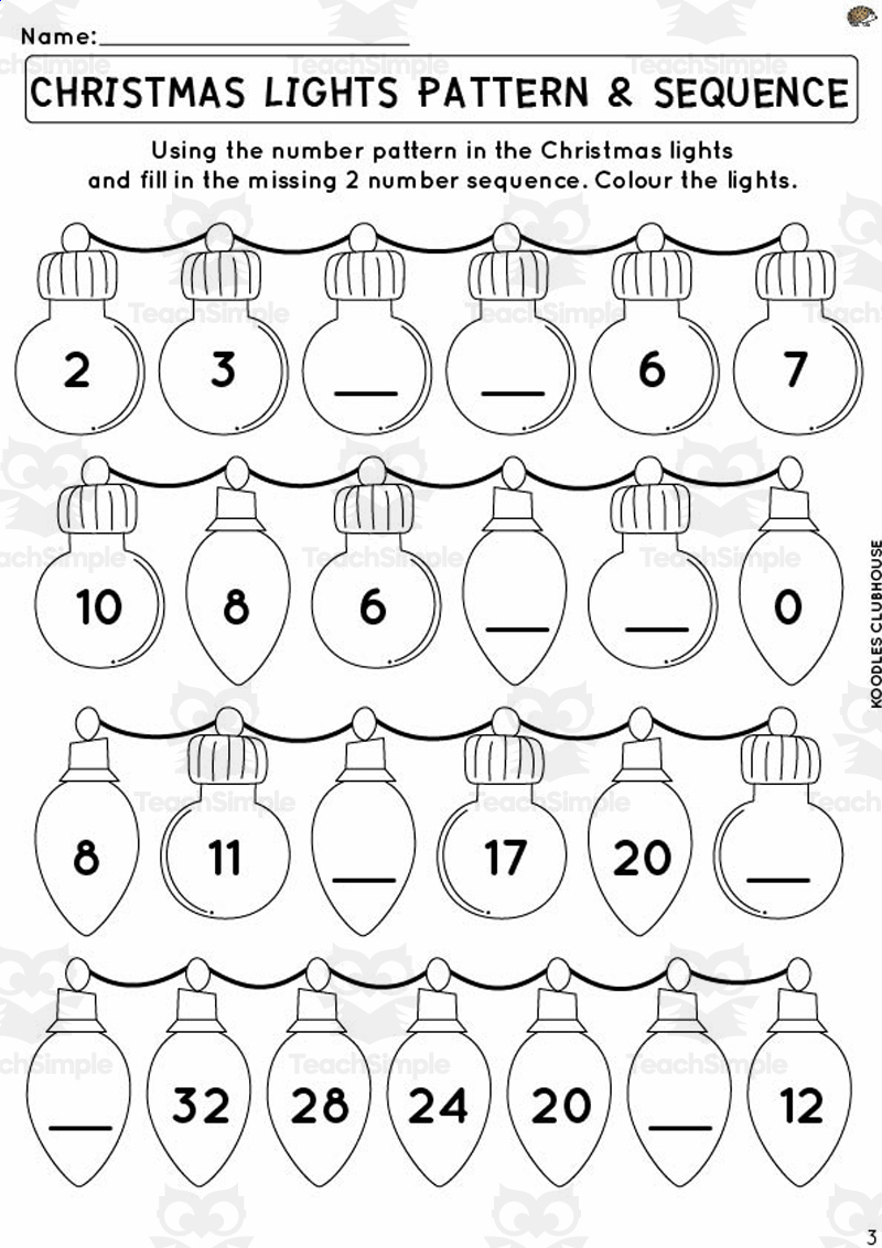 Christmas Sequence Lights Worksheets with Christmas Pattern Worksheets For Kindergarten
