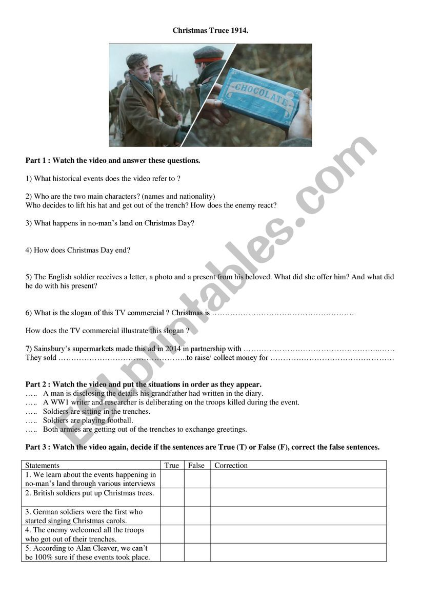 Christmas Truce 1914 - Esl Worksheetvirbrunet with regard to Christmas Truce 1914 Worksheets