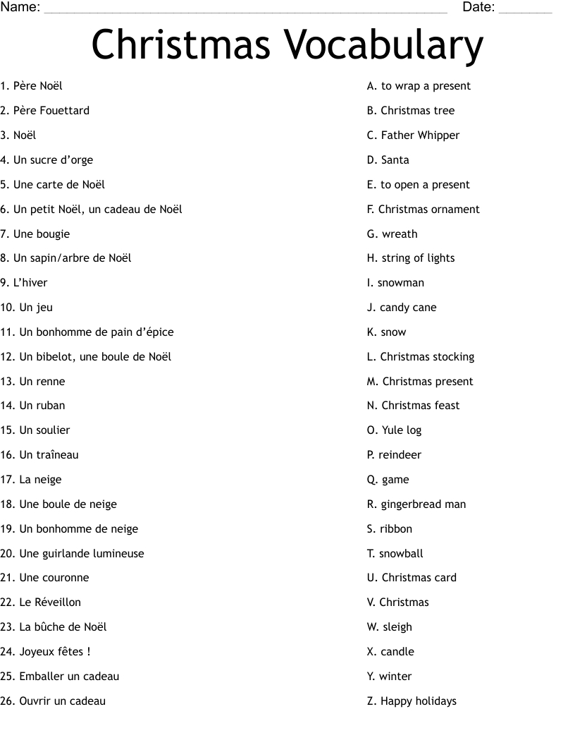 Christmas Vocabulary Worksheet - Wordmint pertaining to Christmas French Vocabulary Worksheets