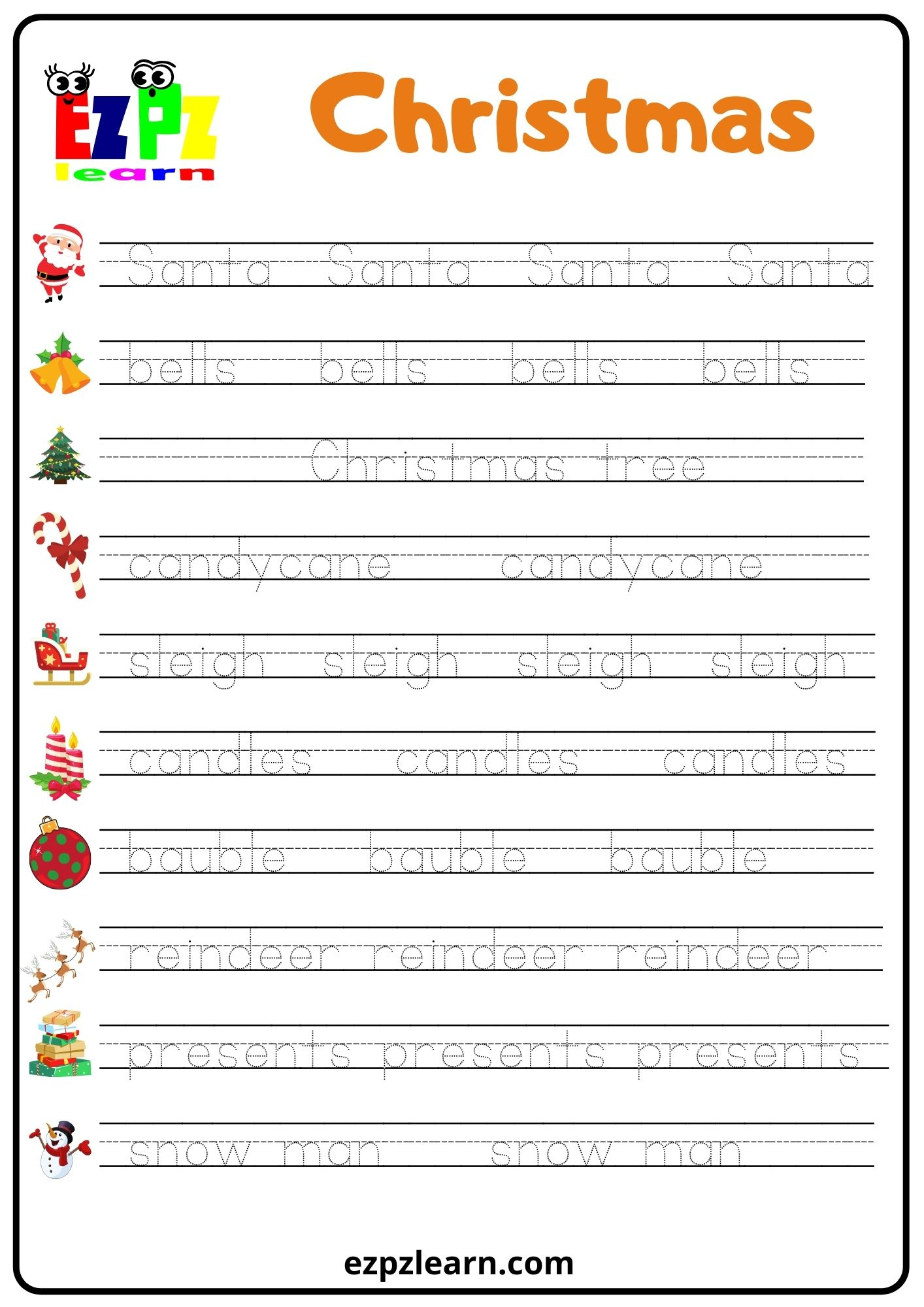 Christmas Word Tracing Worksheet - Ezpzlearn with regard to Free Christmas Tracing Worksheets