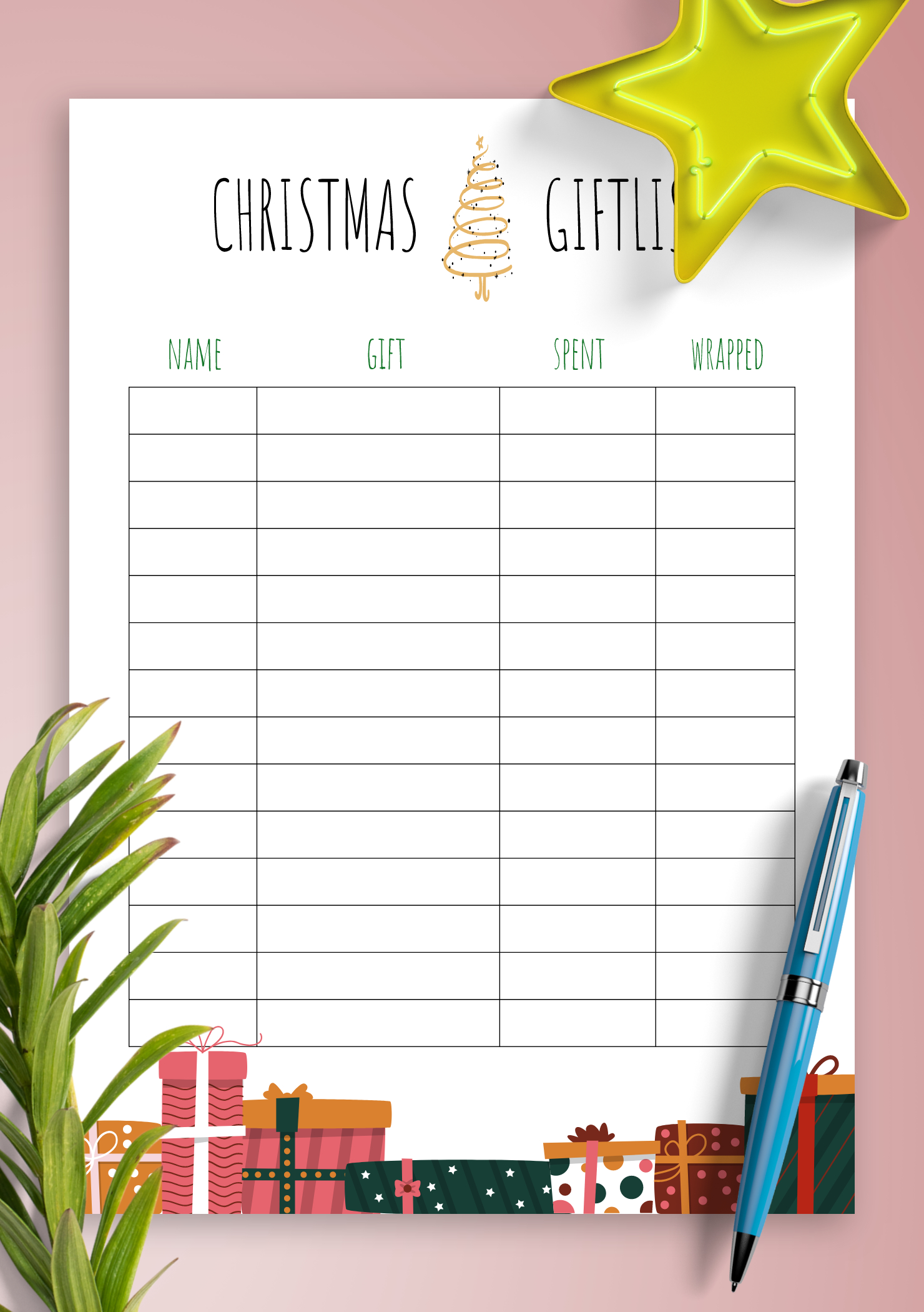 Download Printable Simple Bright Christmas Gift List Pdf in Christmas Gift Planning Worksheets