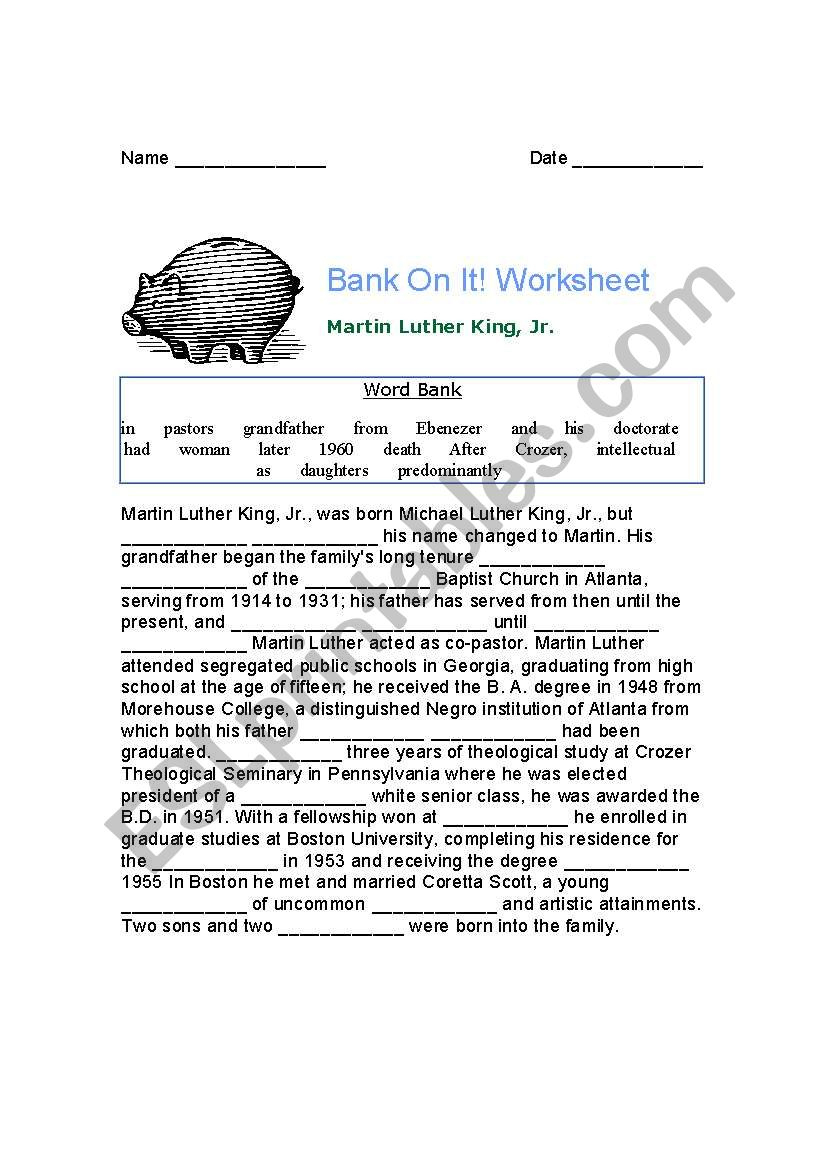 English Worksheets: Mlk Bank On It! throughout Bank On It Worksheets Christmas Answers