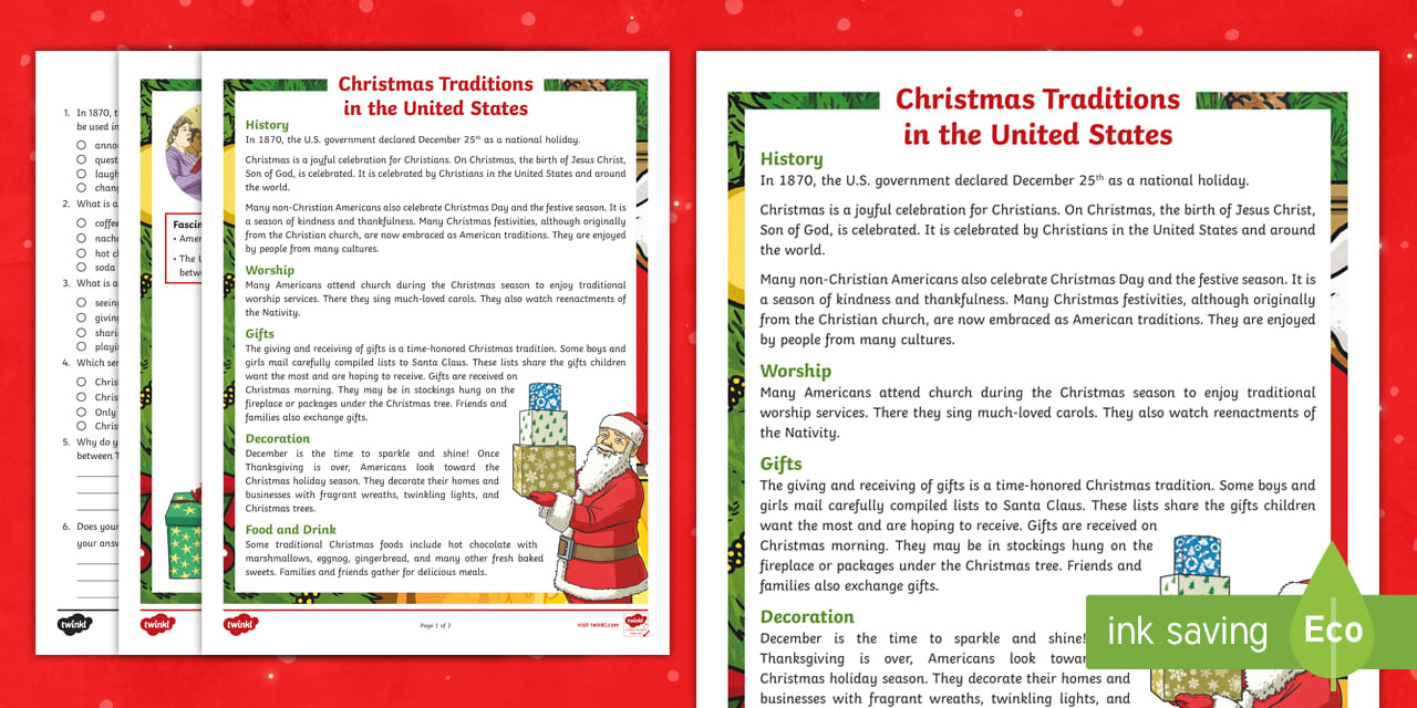 Fourth Grade Christmas Traditions In The United States Reading for Christmas in the Usa Worksheets