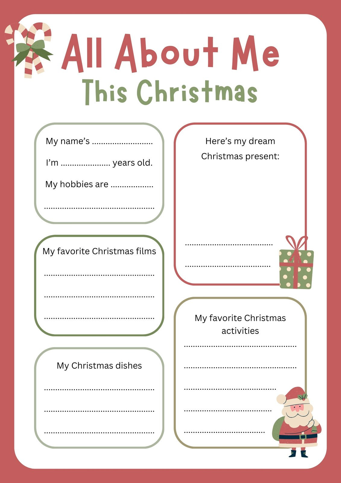 Free And Printable All About Me Worksheet Templates | Canva inside Free Printable All About Me Christmas Worksheets