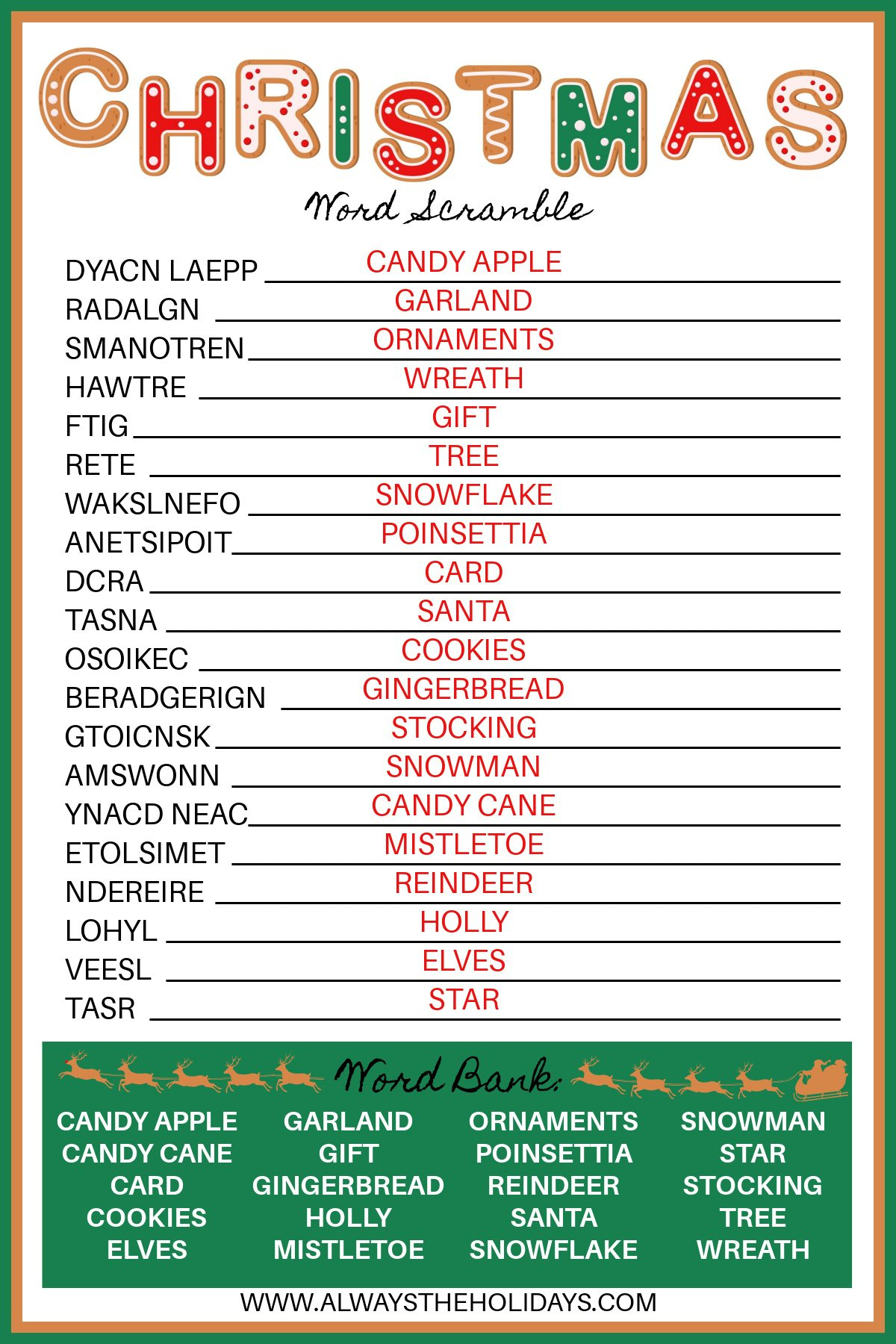 Free Christmas Word Scramble Printable With Answer Key Included with Christmas Word Scramble Worksheets Answers