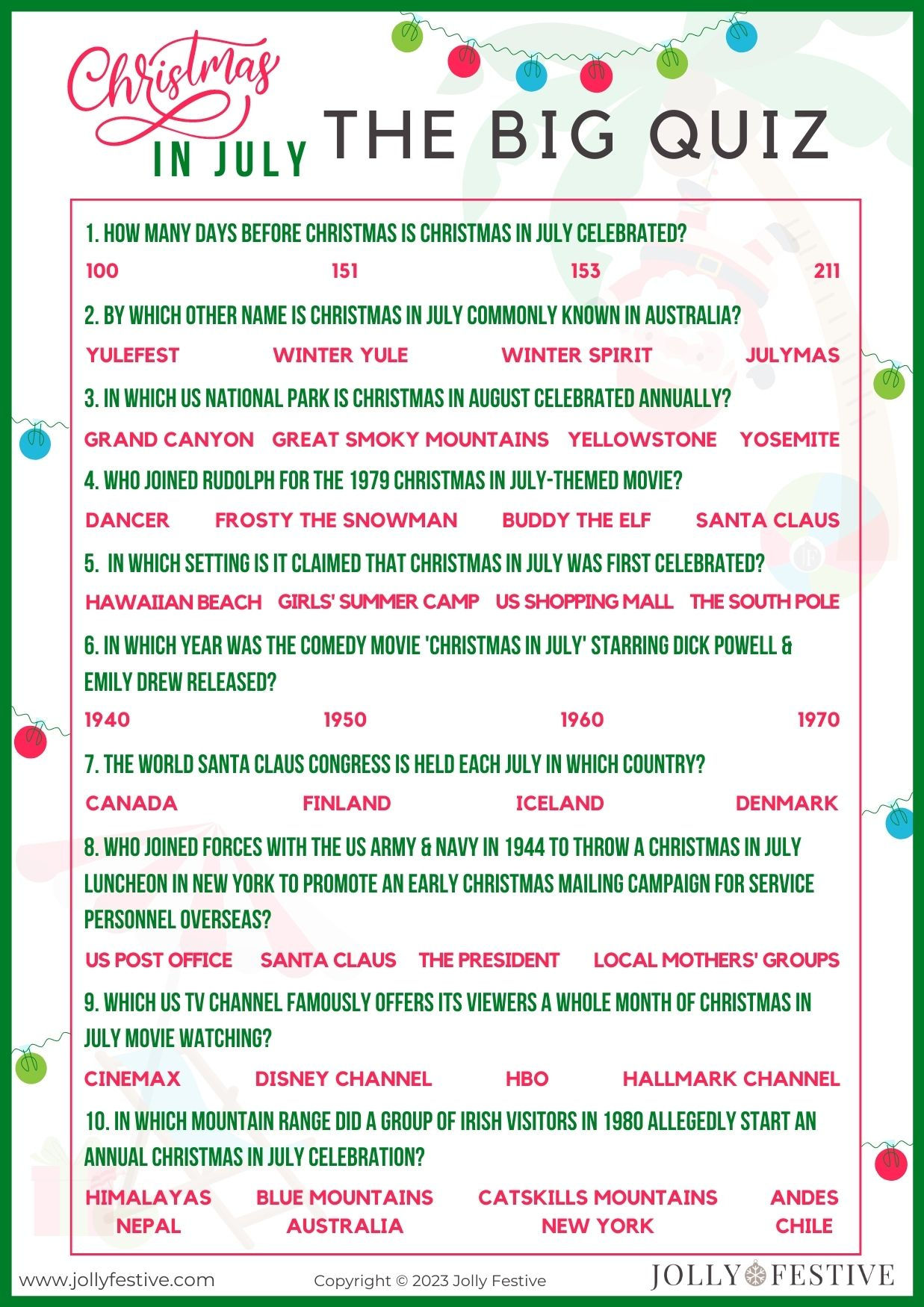Free Printable Christmas In July Trivia Quiz - Jolly Festive with regard to Christmas in July Worksheets