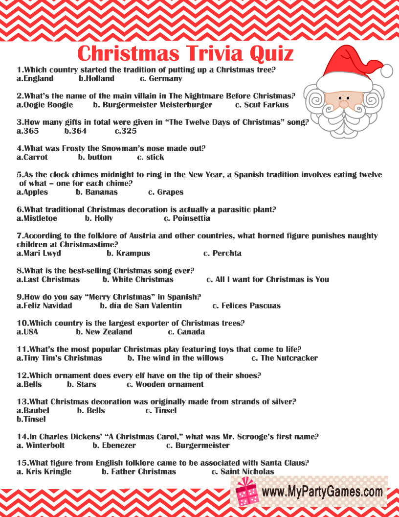 Free Printable Christmas Trivia Quiz within Christmas Trivia Worksheets