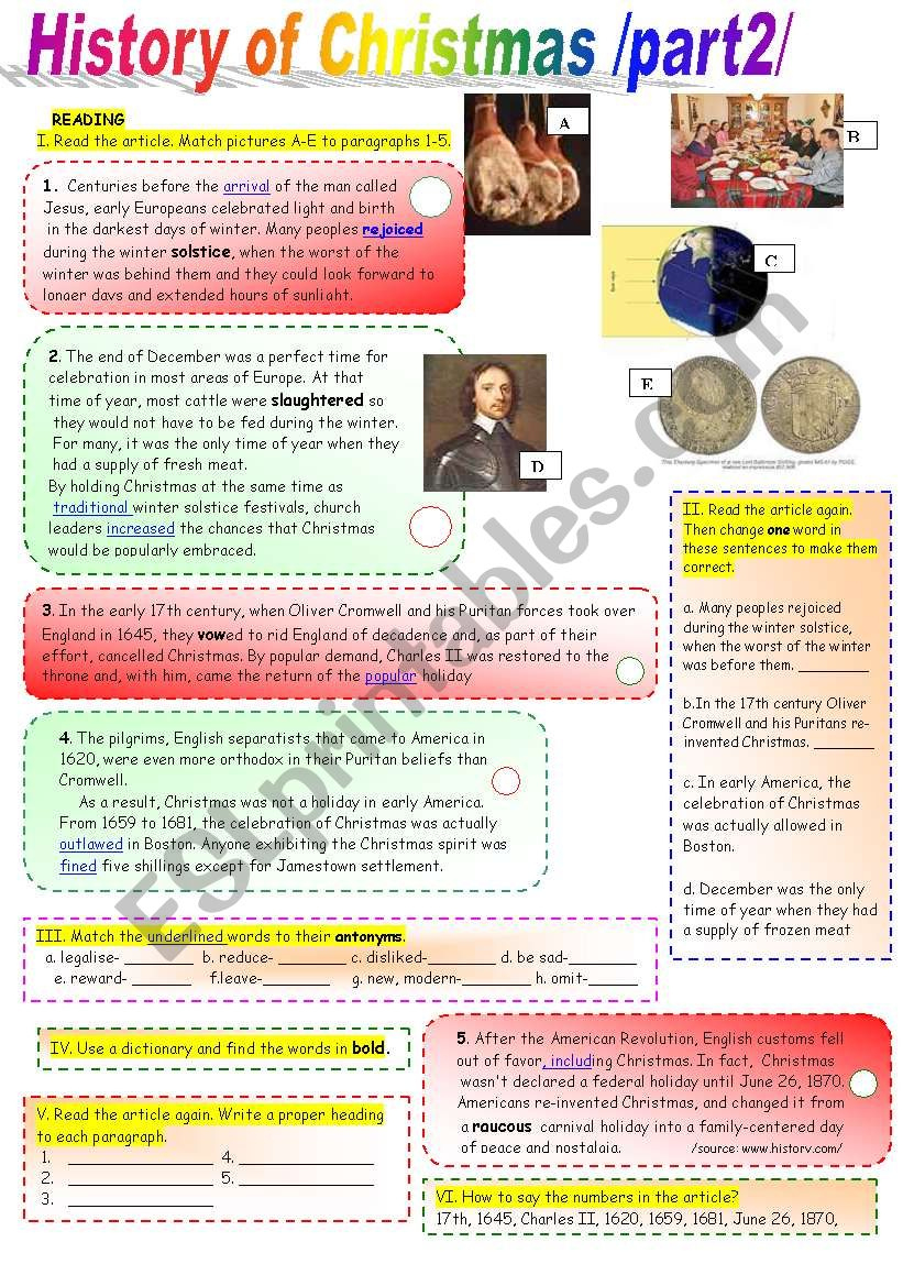 History Of Christmas /Part2/ With Key -Coloured+ Black&amp;amp;White - Esl in History Of Christmas Carols Worksheets