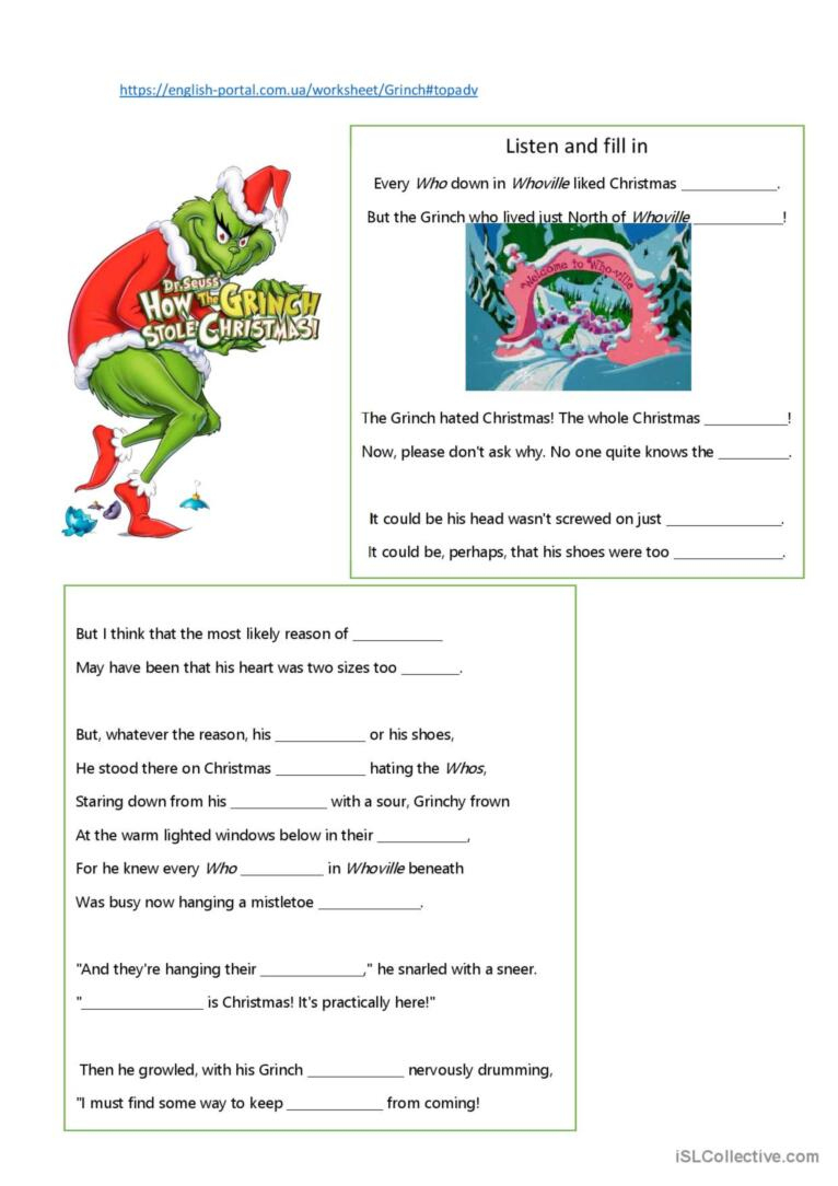 How The Grinch Stole Christmas Liste…: English Esl Worksheets Pdf throughout The Grinch Who Stole Christmas Worksheets