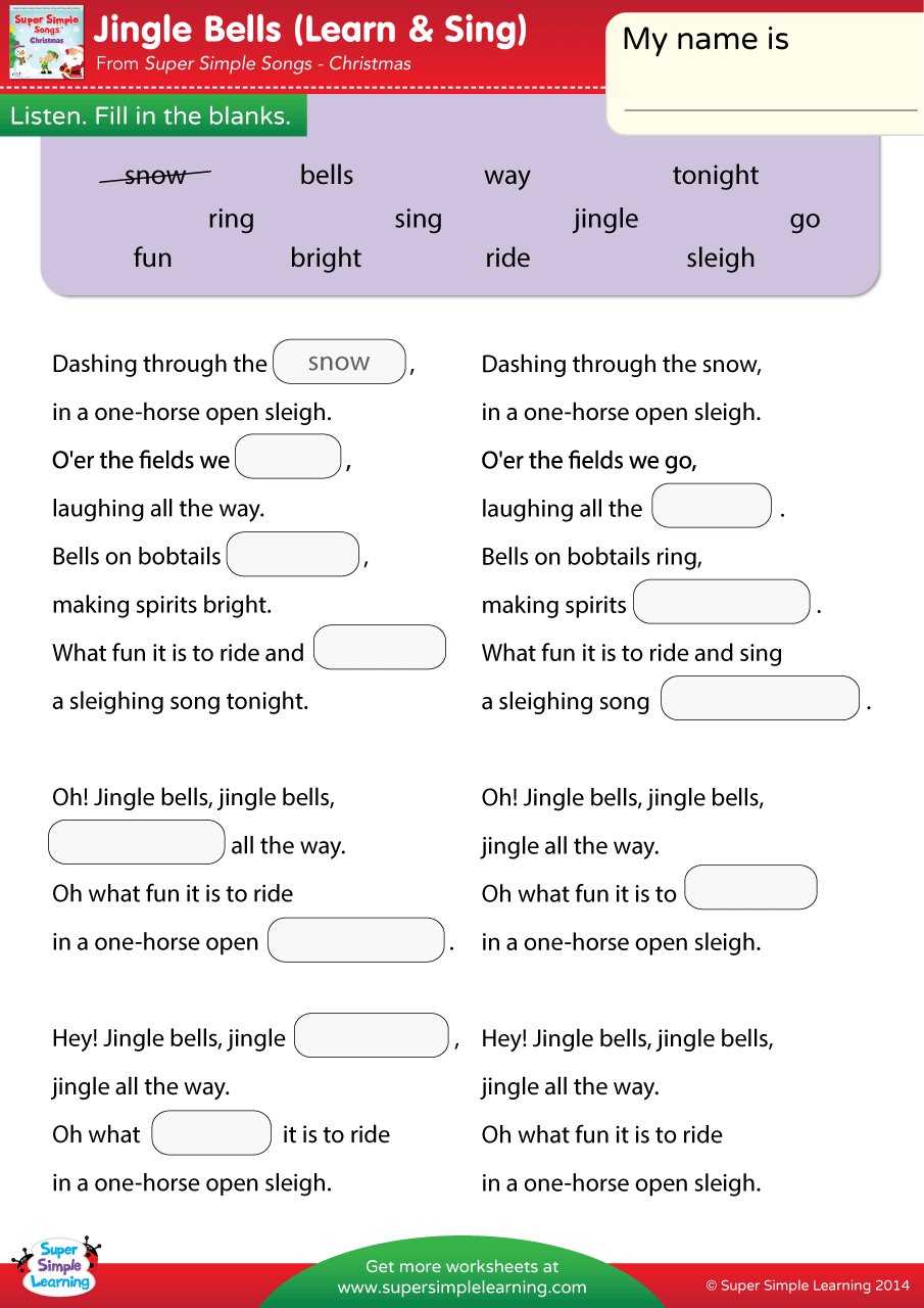 Jingle Bells Worksheet - Fill In The Blanks - Super Simple with Christmas Fill in the Blank Worksheets
