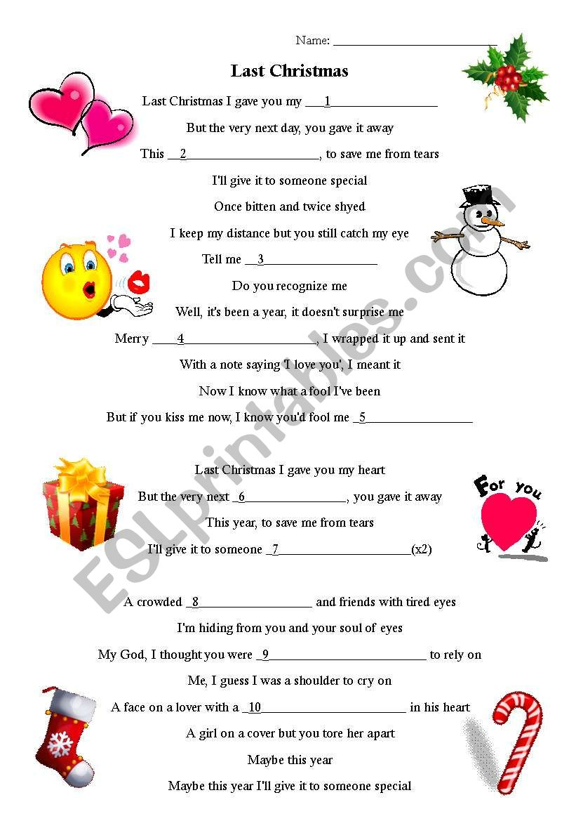Last Christmas Fill In The Blanks - Esl Worksheetsuterja within Christmas Fill in the Blank Worksheets