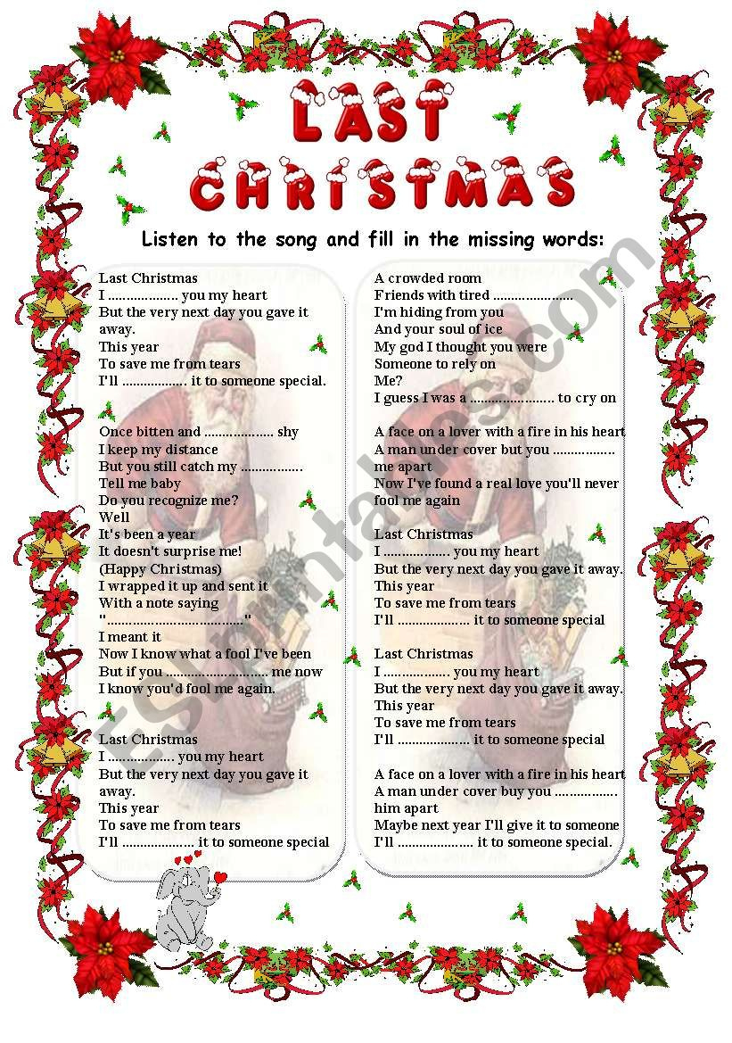 Last Christmas - Wham Song (Fill In) - Esl Worksheetgabitza throughout Last Christmas Song Worksheets