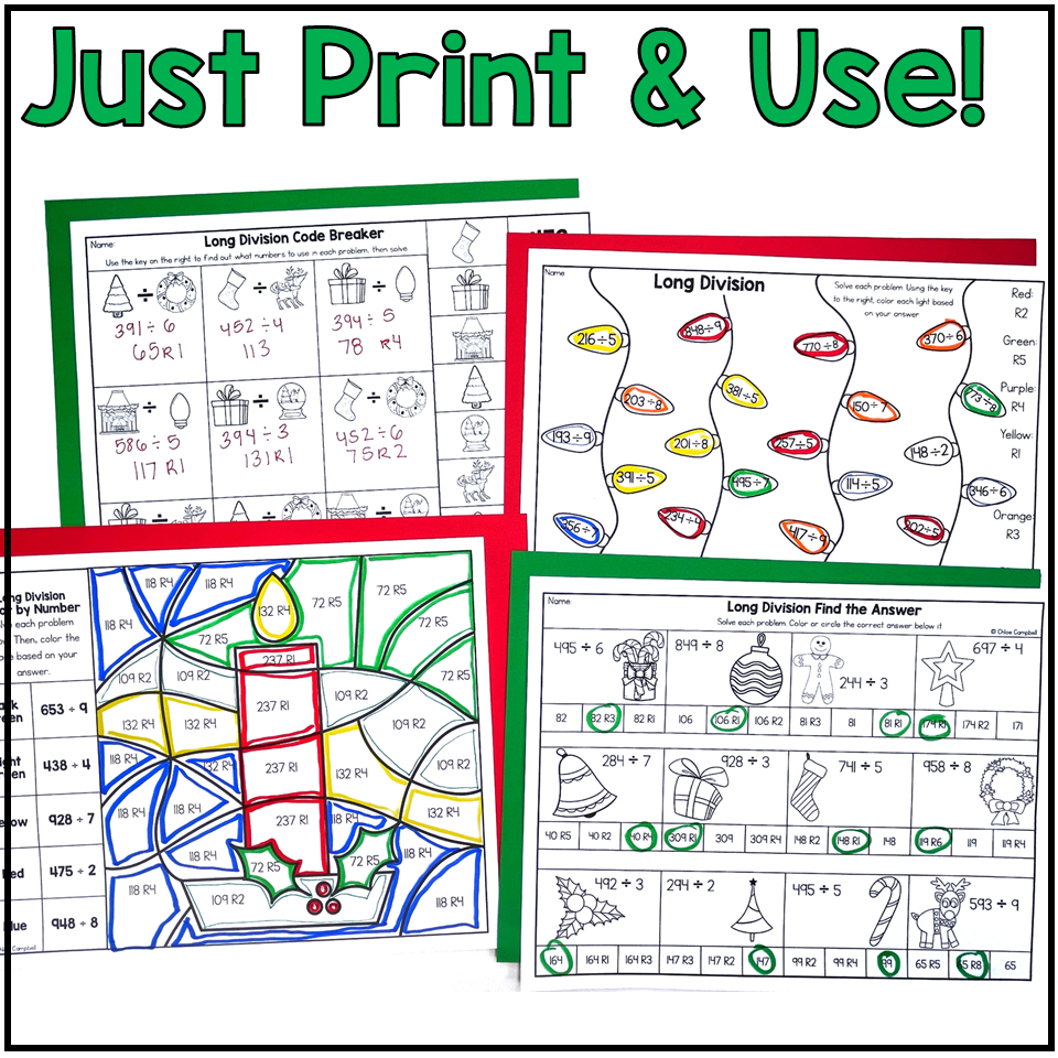 Long Division With Remainders Colornumber Christmas Math for Christmas Long Division Worksheets
