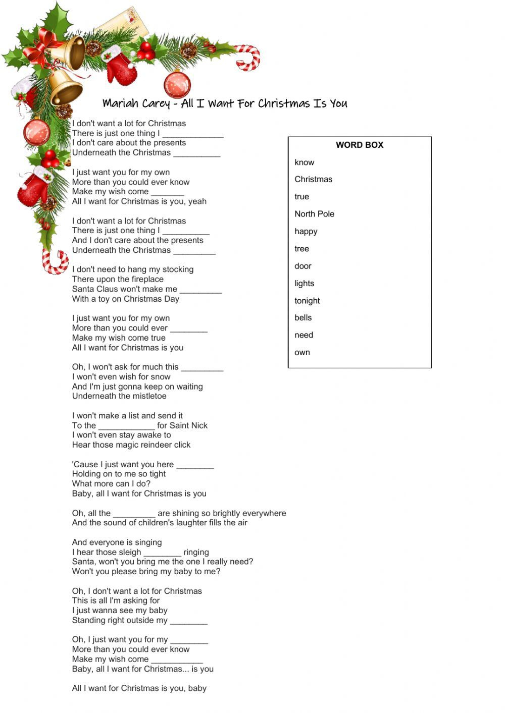 Mariah Carey - All I Want For Christmas Is You Worksheet for All I Want For Christmas Is You Worksheets
