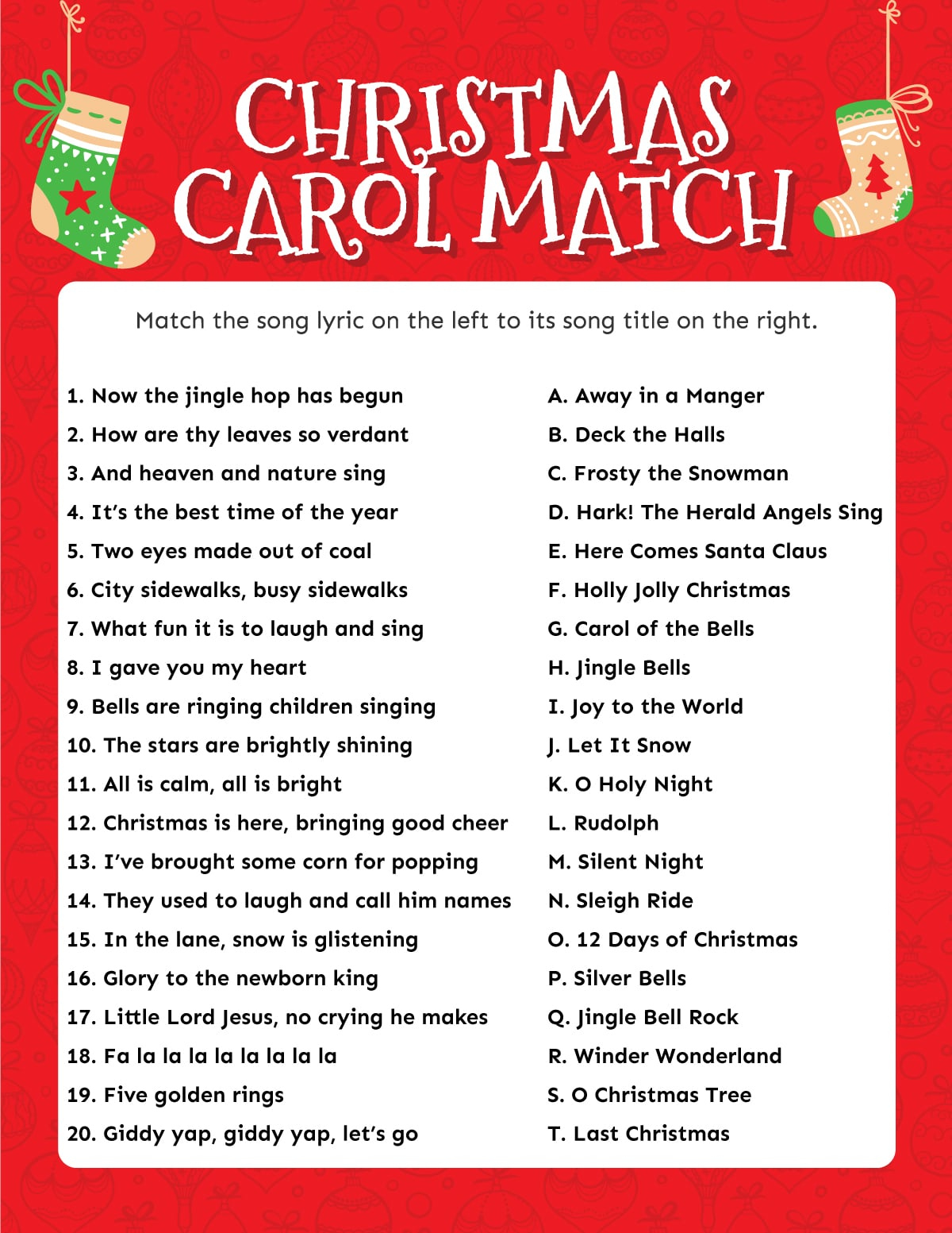 Match The Christmas Carol Game (Free Printable!) - Play Party Plan with regard to First Letter Of Christmas Carols Worksheets