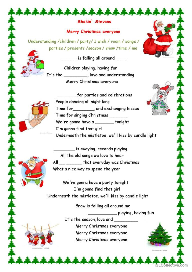 Merry Christmas Everyone Song Song A…: English Esl Worksheets Pdf in Christmas Song Picture Worksheets