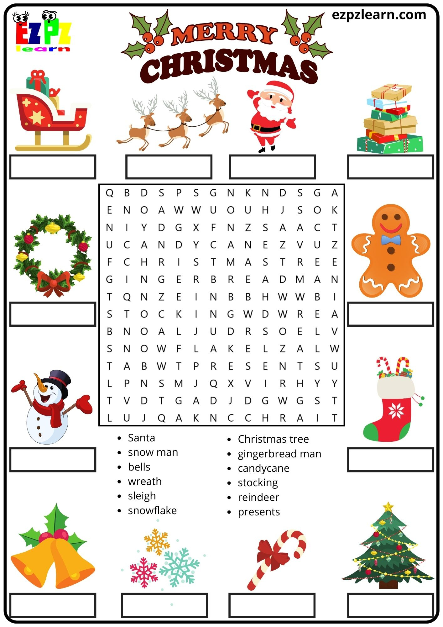 Merry Christmas Vocabulary Word Search And Match The Words for Christmas Words Alphabetical Order Worksheets