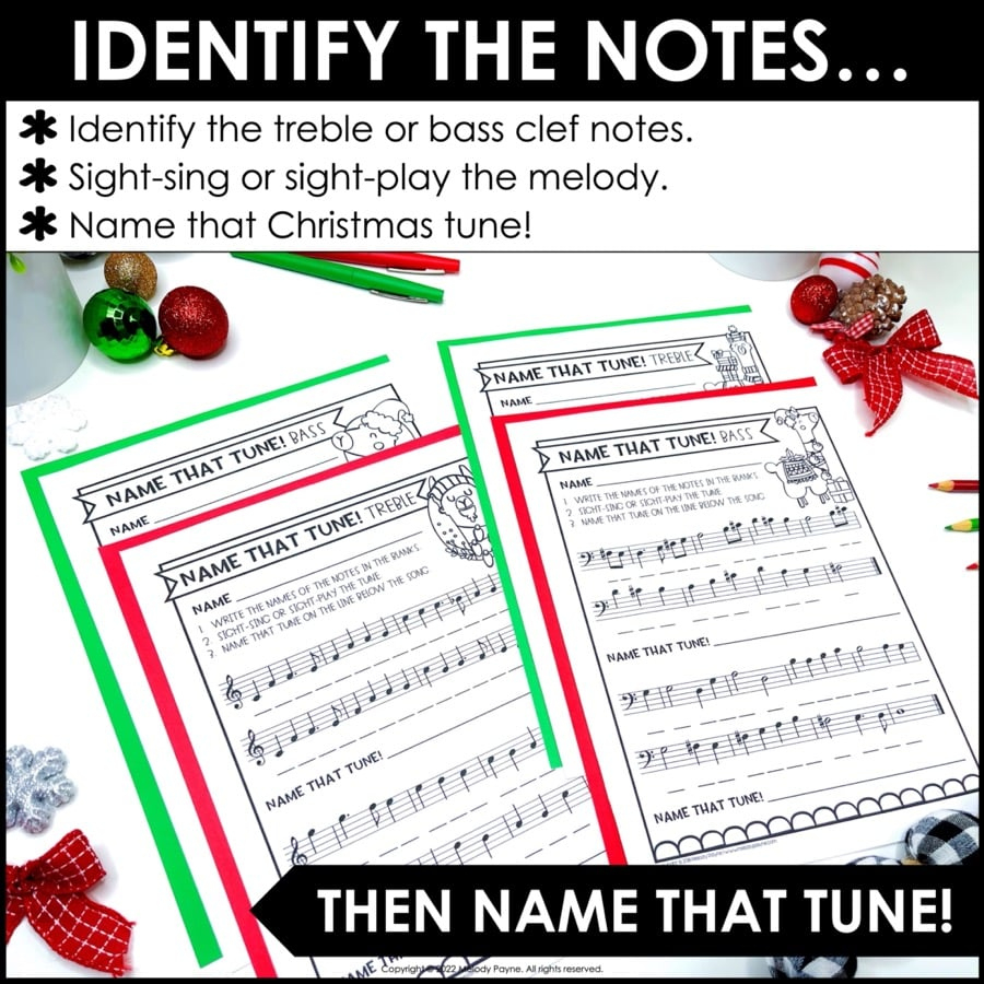 Name That Tune Christmas Music Worksheets In Treble And Bass Clef in Name That Christmas Tune Worksheets