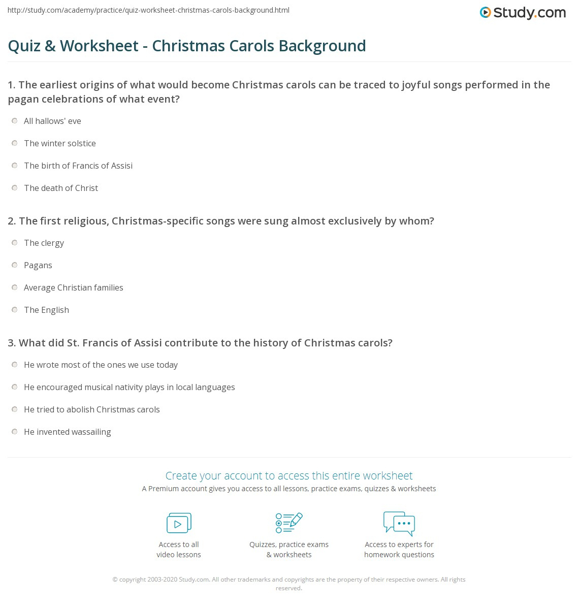 Quiz &amp;amp; Worksheet - Christmas Carols Background | Study within History of Christmas Carols Worksheets