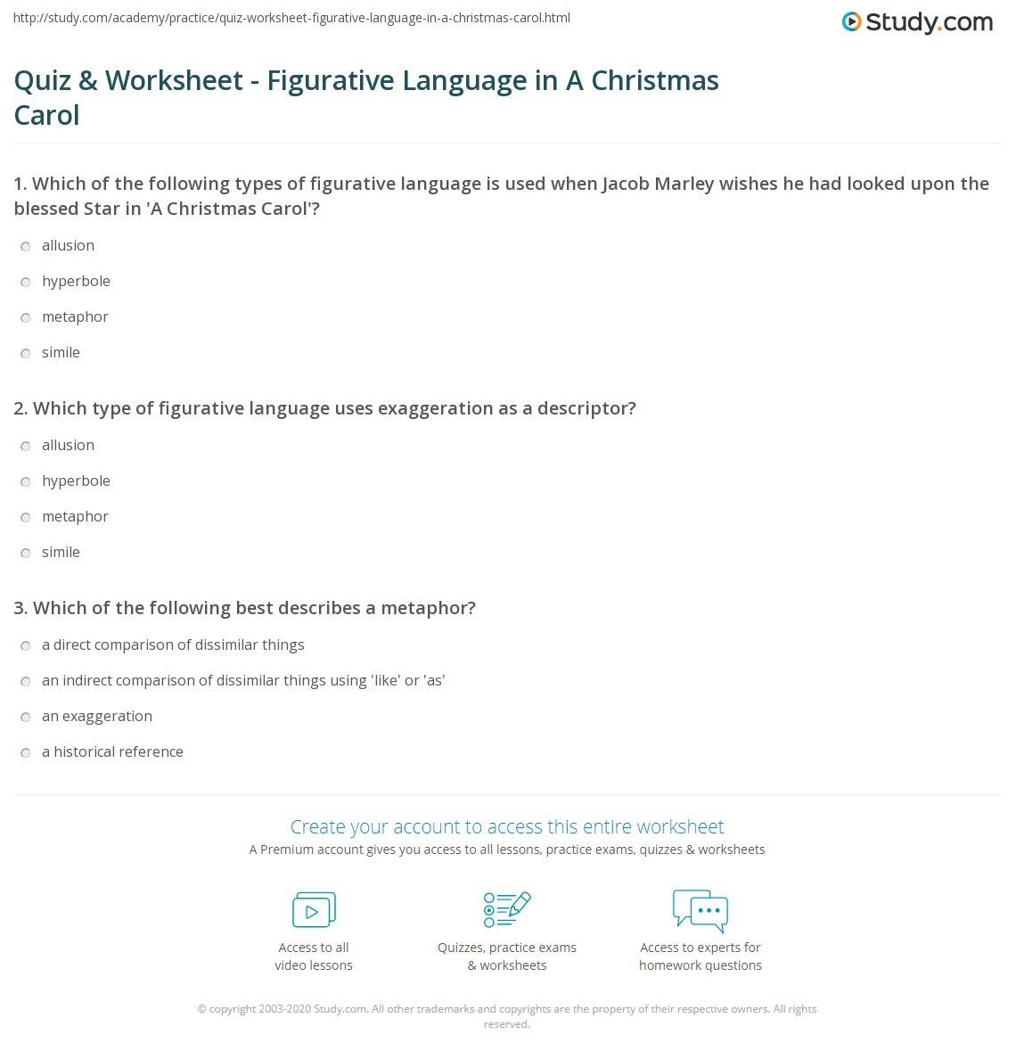 Quiz &amp;amp; Worksheet - Figurative Language In A Christmas Carol in A Christmas Carol Literary Devices Worksheets