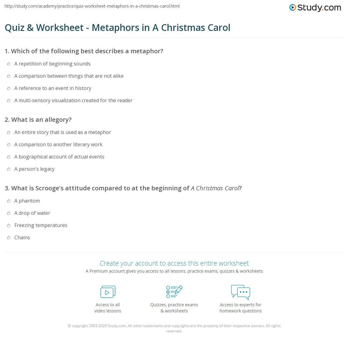 Quiz &amp;amp; Worksheet - Metaphors In A Christmas Carol | Study in A Christmas Carol Allegory Worksheets
