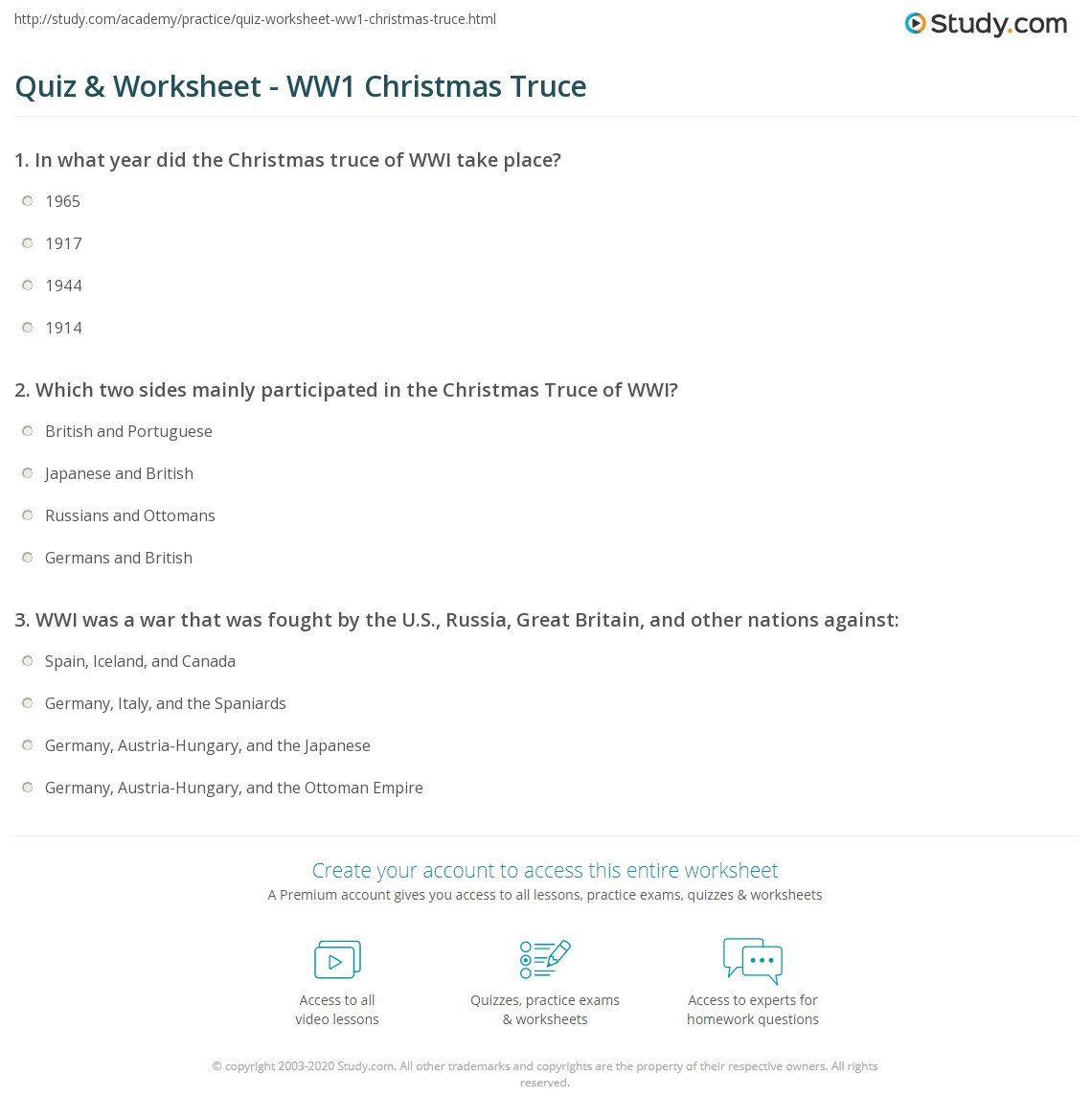 Quiz &amp;amp; Worksheet - Ww1 Christmas Truce | Study intended for The World War 1 Christmas Truce Worksheets Answer Key