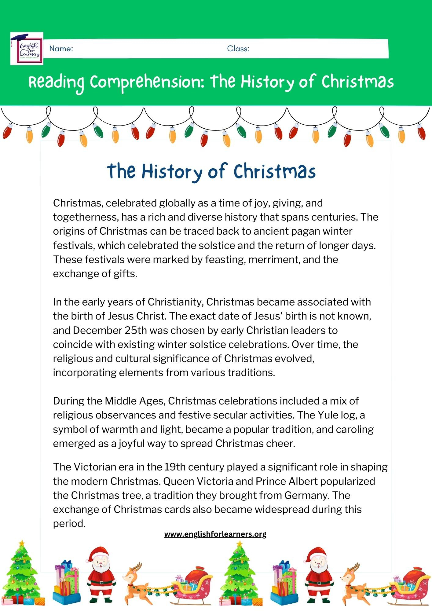 Reading Comprehension The History Of Christmas - pertaining to The History Of Christmas Worksheets