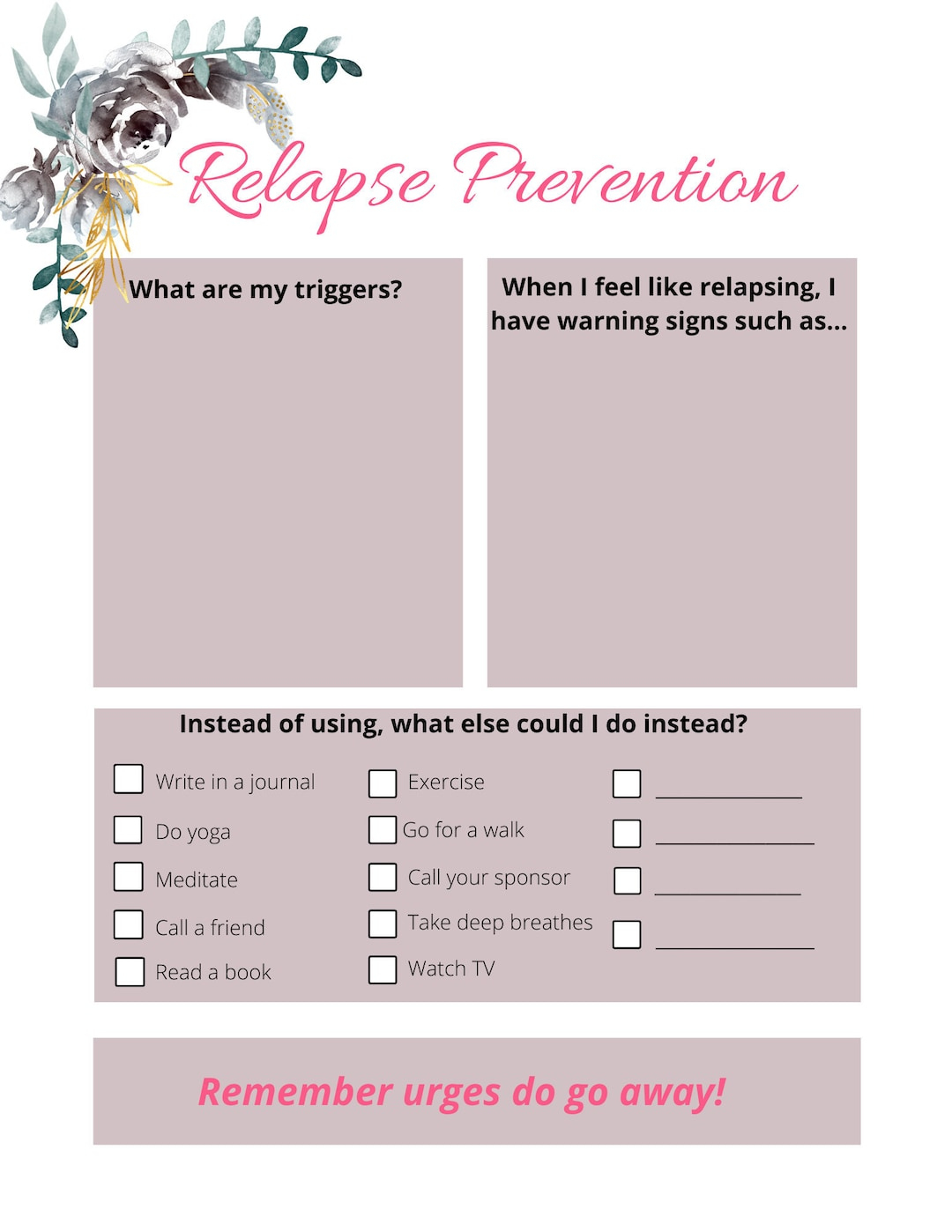 Relapse Prevention Plan Printable - Etsy with regard to Christmas Relapse Prevention Worksheets