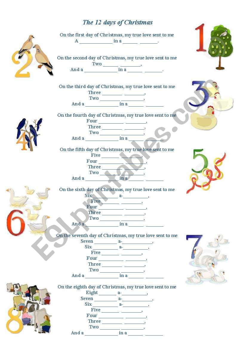 Song The Twelve Days Of Christmas - Esl Worksheetnickhk intended for Twelve Days of Christmas Worksheets
