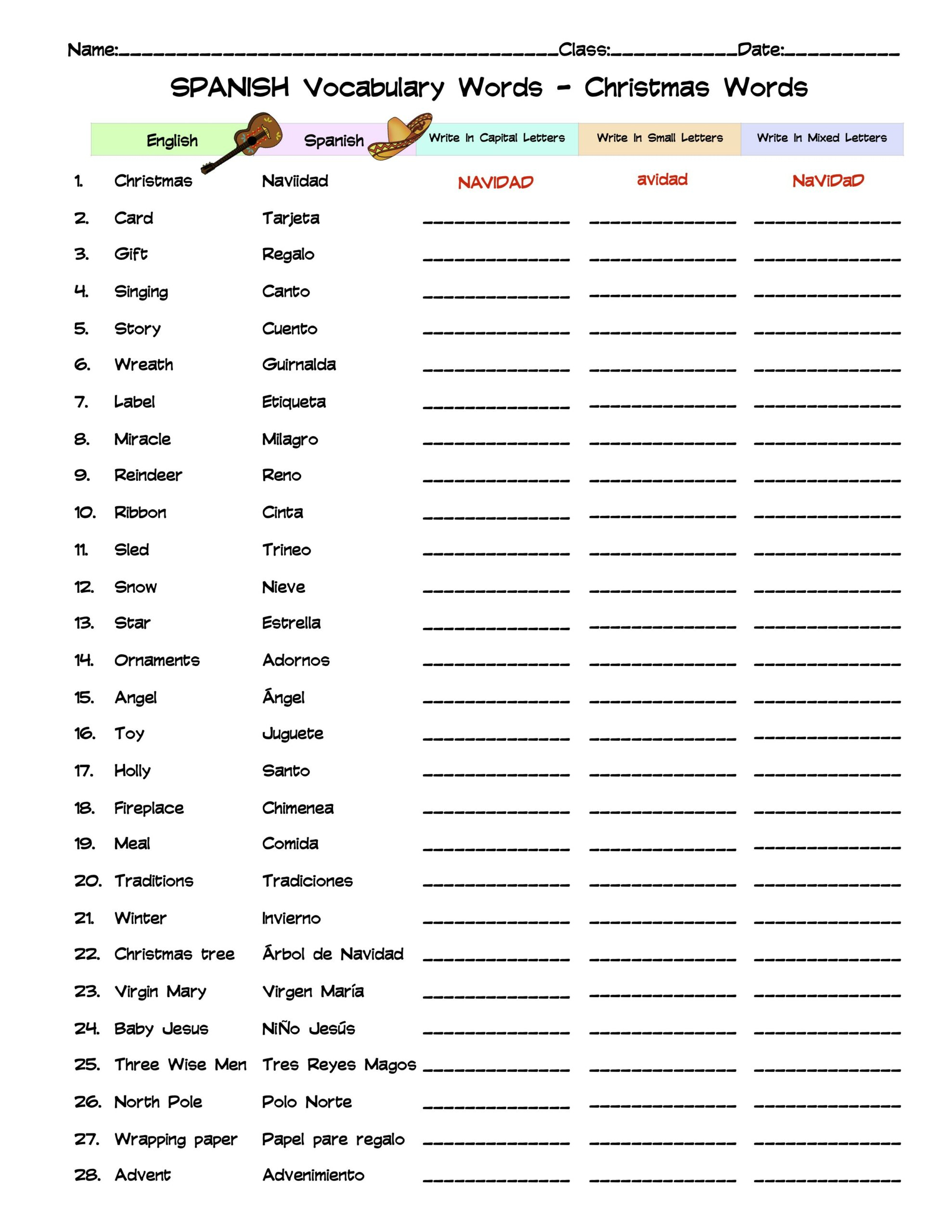 Spanish Christmas Words Vocabulary Word List Column Worksheet with regard to Spanish Christmas Vocabulary Worksheets