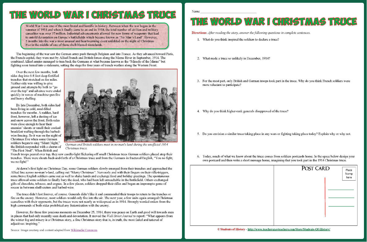 Students Of History: World War 1 Reading On Christmas Truce Lesson within The World War 1 Christmas Truce Worksheets
