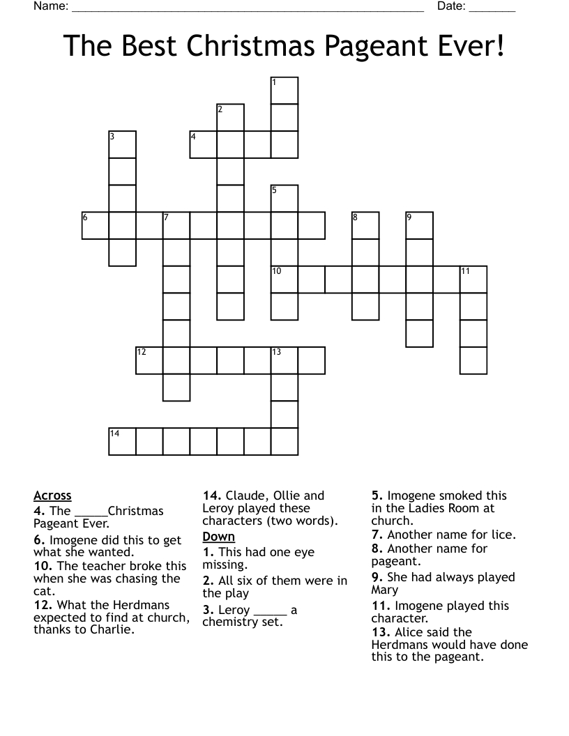 The Best Christmas Pageant Ever! Crossword - Wordmint within Free Worksheets For the Best Christmas Pageant Ever