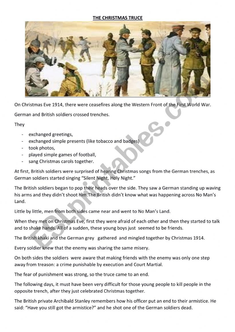 The Christmas Truce - Reading Comprehension - Esl Worksheet regarding The Christmas Truce Worksheets
