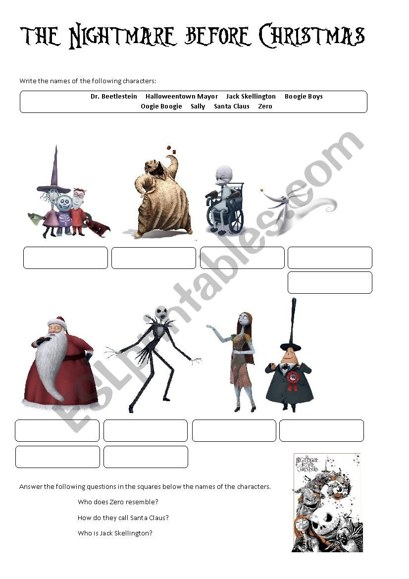 The Nightmare Before Christmas (Characters) - Esl Worksheet with regard to The Nightmare Before Christmas Worksheets