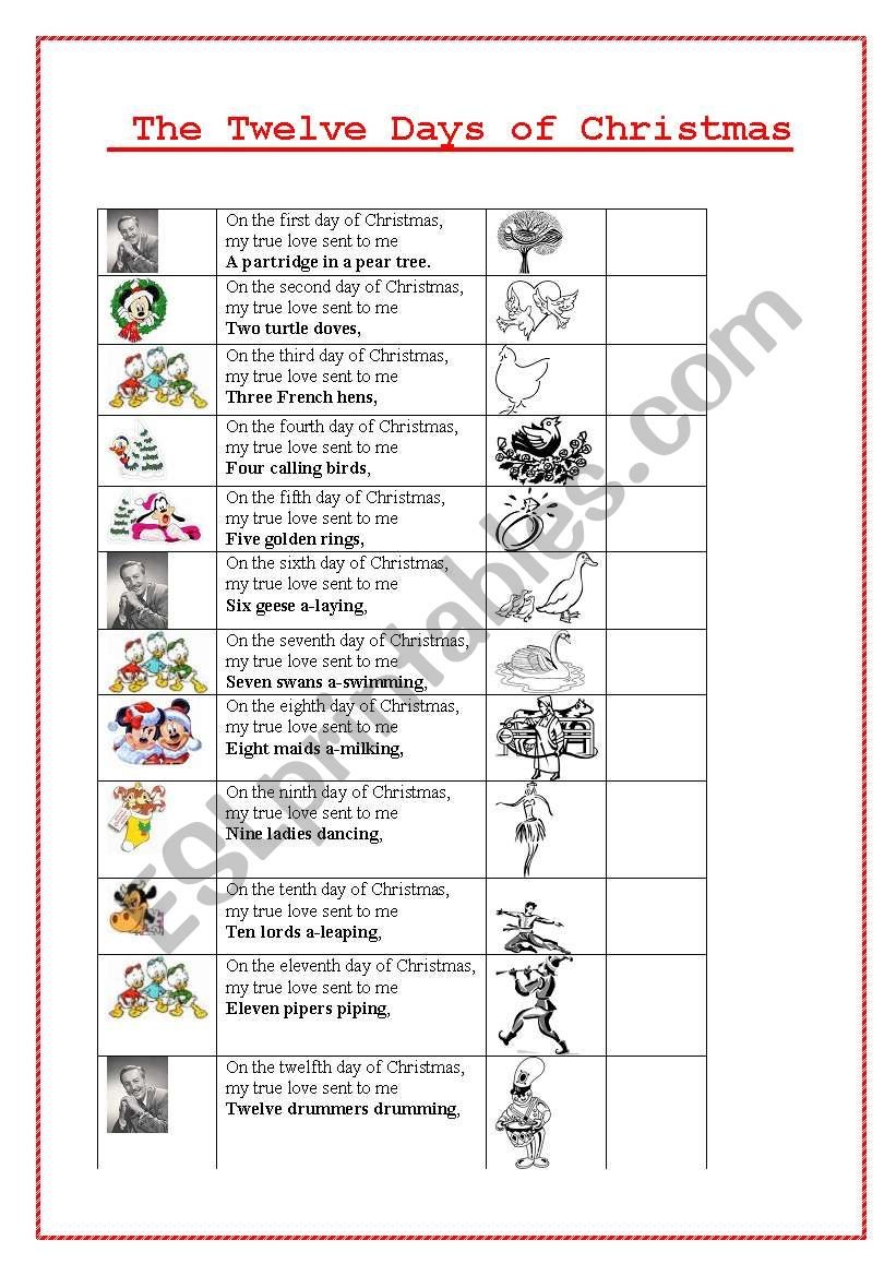 The Twelve Days Of Christmas - Esl Worksheetcarotte inside 12 Days Of Christmas Worksheets Answers