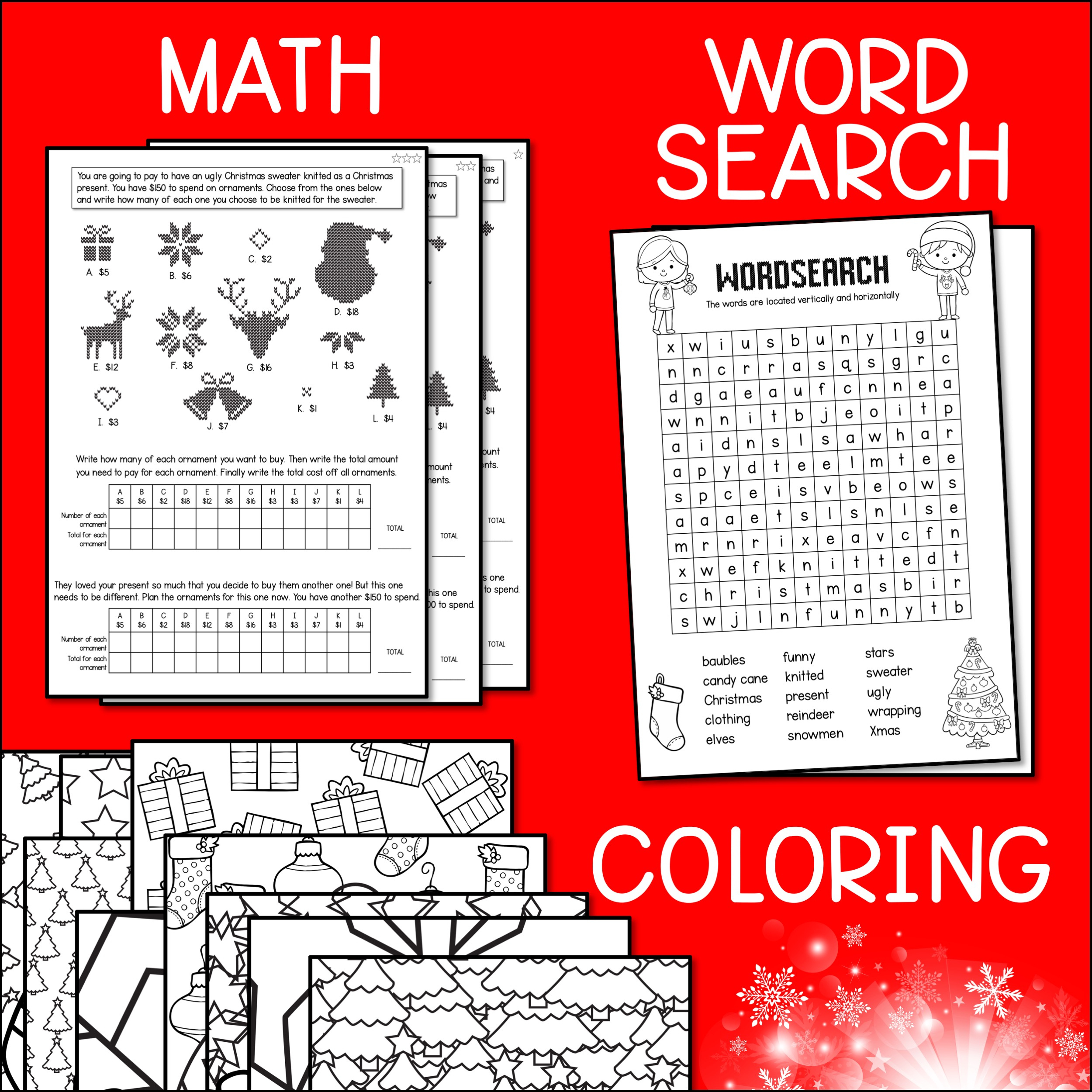 Ugly Christmas Sweater Design, Writing, Maths, Word Search &amp;amp; Colouring  Activities - Australian Teachers Marketplace in Ugly Christmas Sweater Math Worksheets